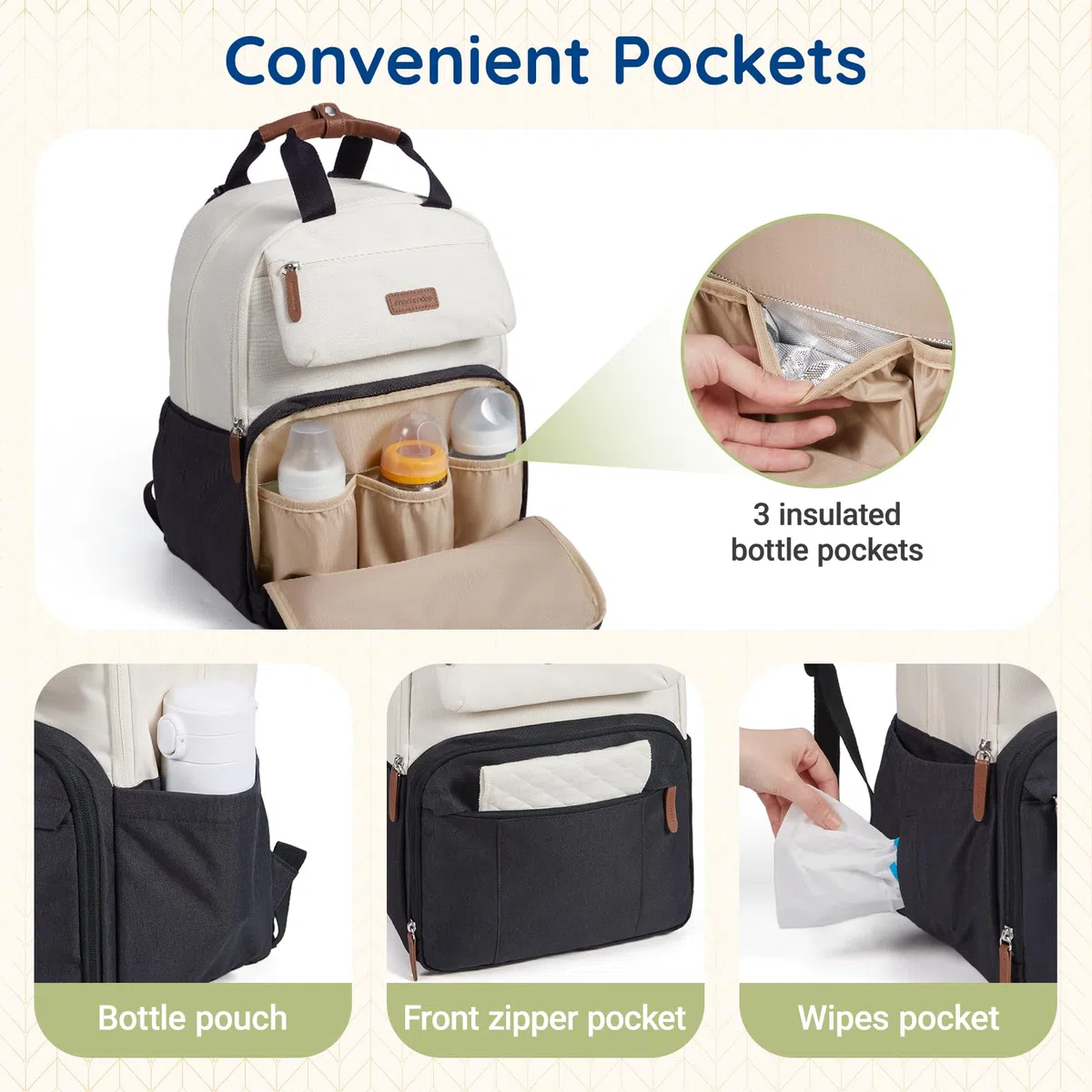 mommore Zaino fasciatoio, grande borsa espandibile per 2 bambini/gemelli, borsa per bambini resistente con fasciatoio, zaino da viaggio impermeabile per mamma e papà, beige., 29 x 22 x 41.5 cm
