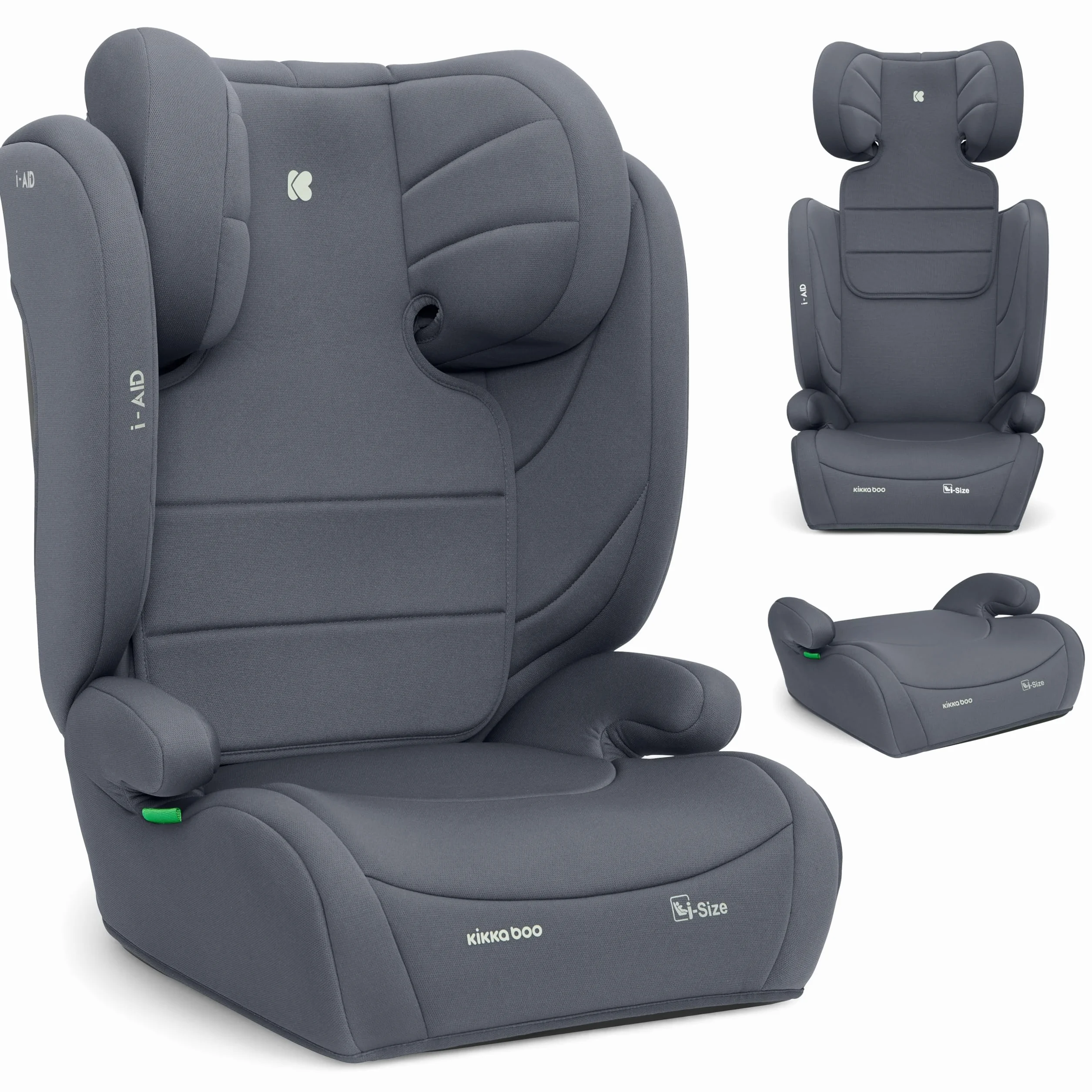 KikkaBoo Seggiolino Auto 15-36 kg i-AID, Gruppo 2/3, i-Size 100-150 cm, da 3,5 a 12 Anni, Poggiatesta Regolabile 13 Posizioni, Grigio