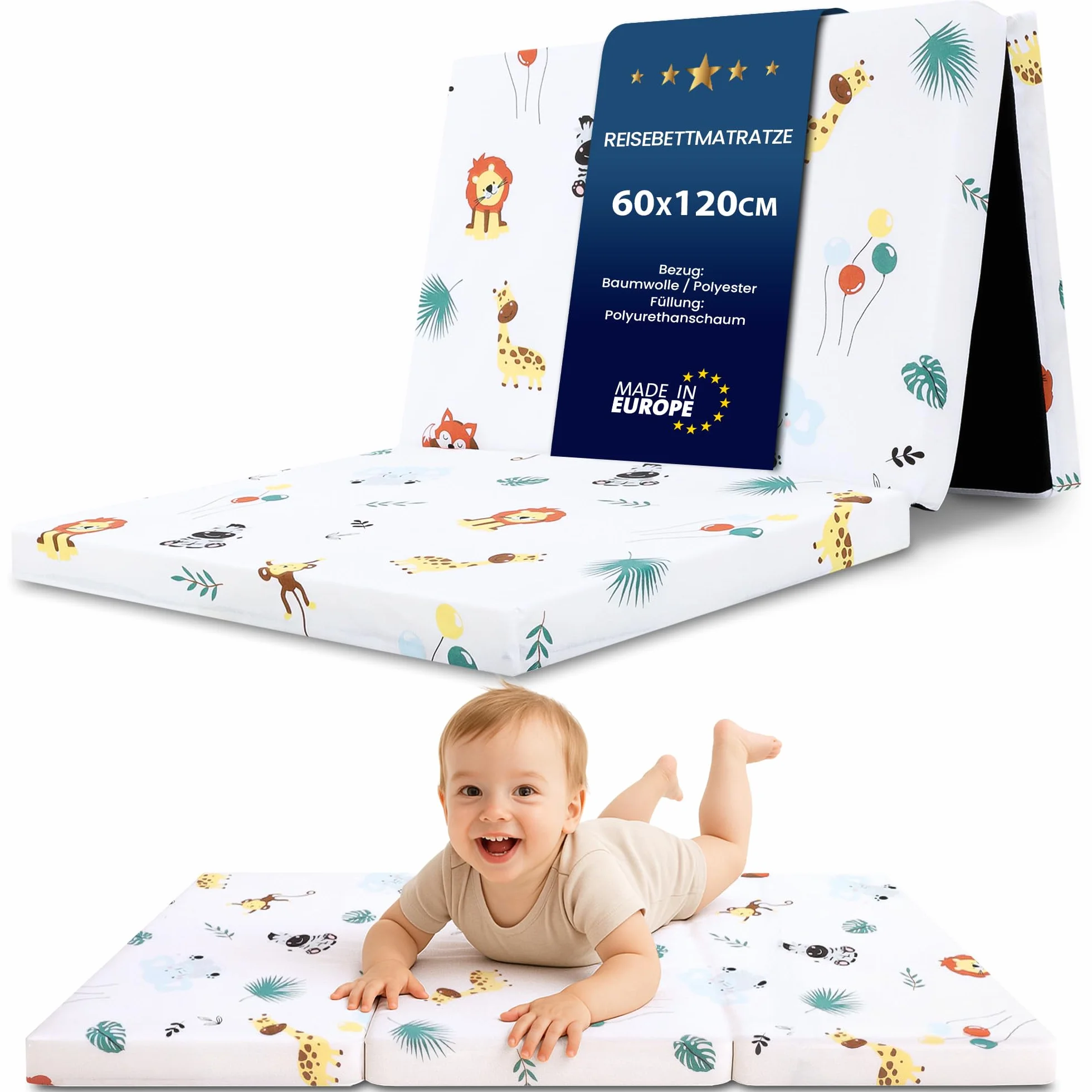 Totsy Baby Materasso lettino pieghevole neonato 60x120 cm - materassi per culla e divano letto o materassino da campeggio in schiuma traspirante con fodera lavabile 60 x 120 cm Safari