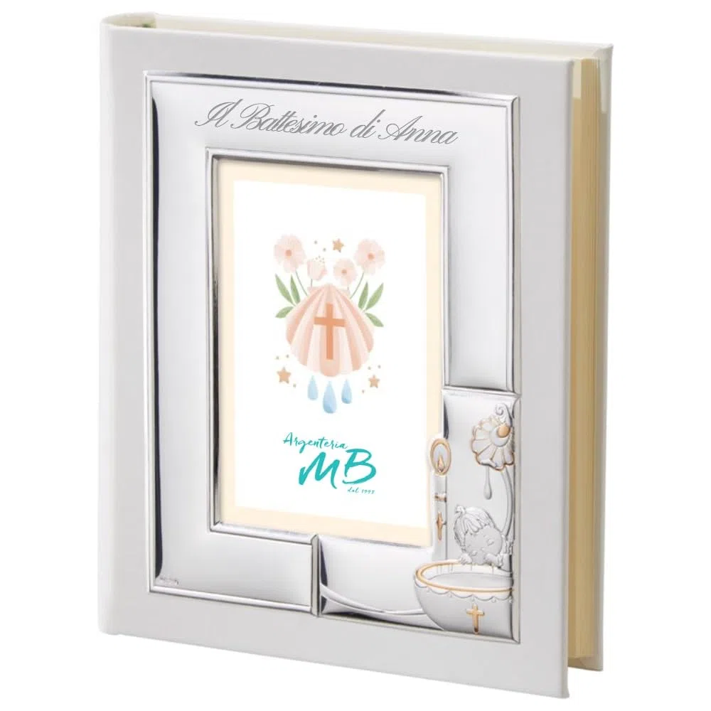Album Fotografico per il Battesimo Personalizzabile con Incisione del nome, della data o di una dedica, Realizzato in Ecopelle Bianca con Cornice in Argento PVD Lucido e Satinato