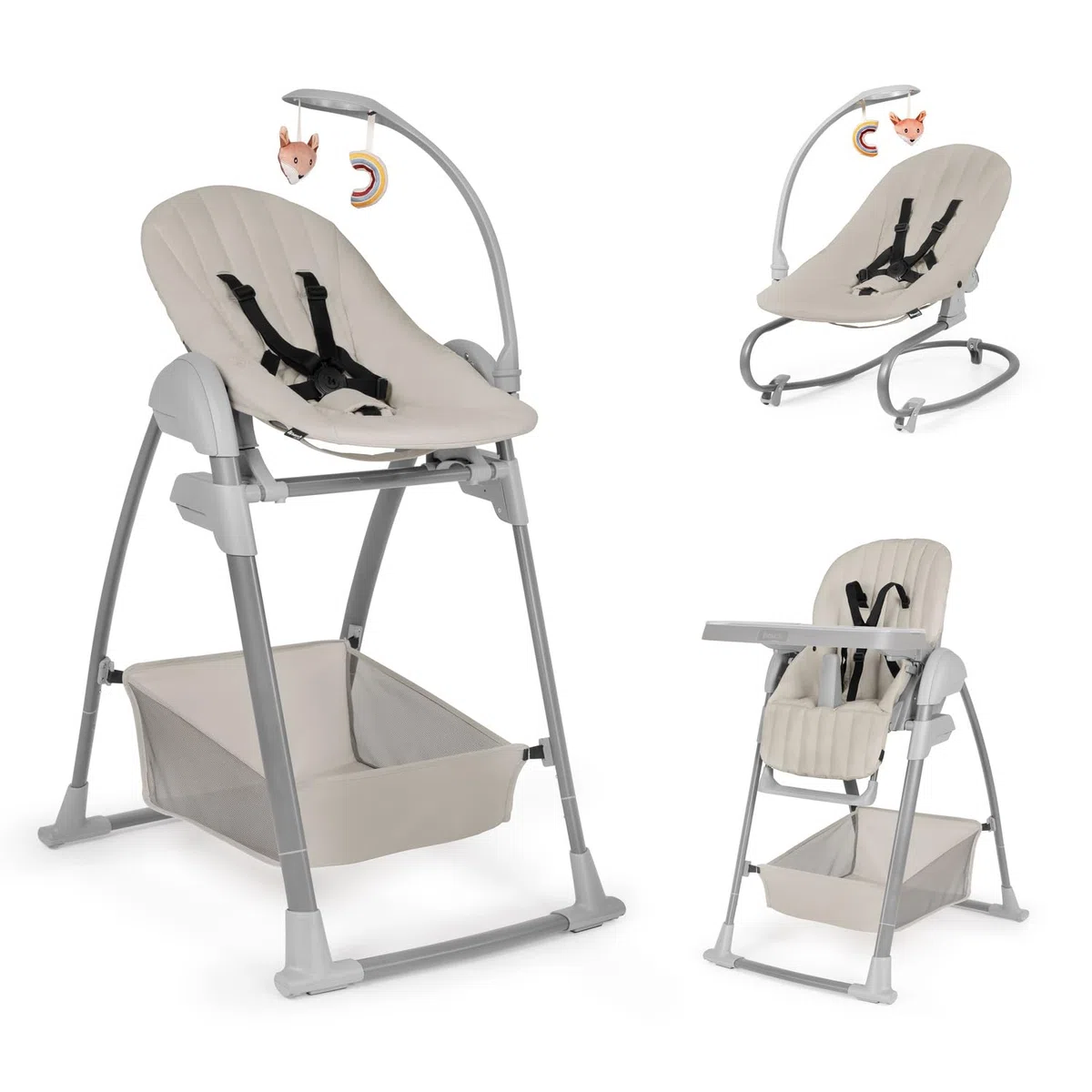 hauck Sit N Relax 3in1, Beige - Seggiolone Pappa Evolutivo da 0 Mesi a 15 kg con Sdraietta con Arco Giochi e Seduta con Vassoio Regolabili in Altezza, Ruote, Pieghevole, Cesto Portaoggetti