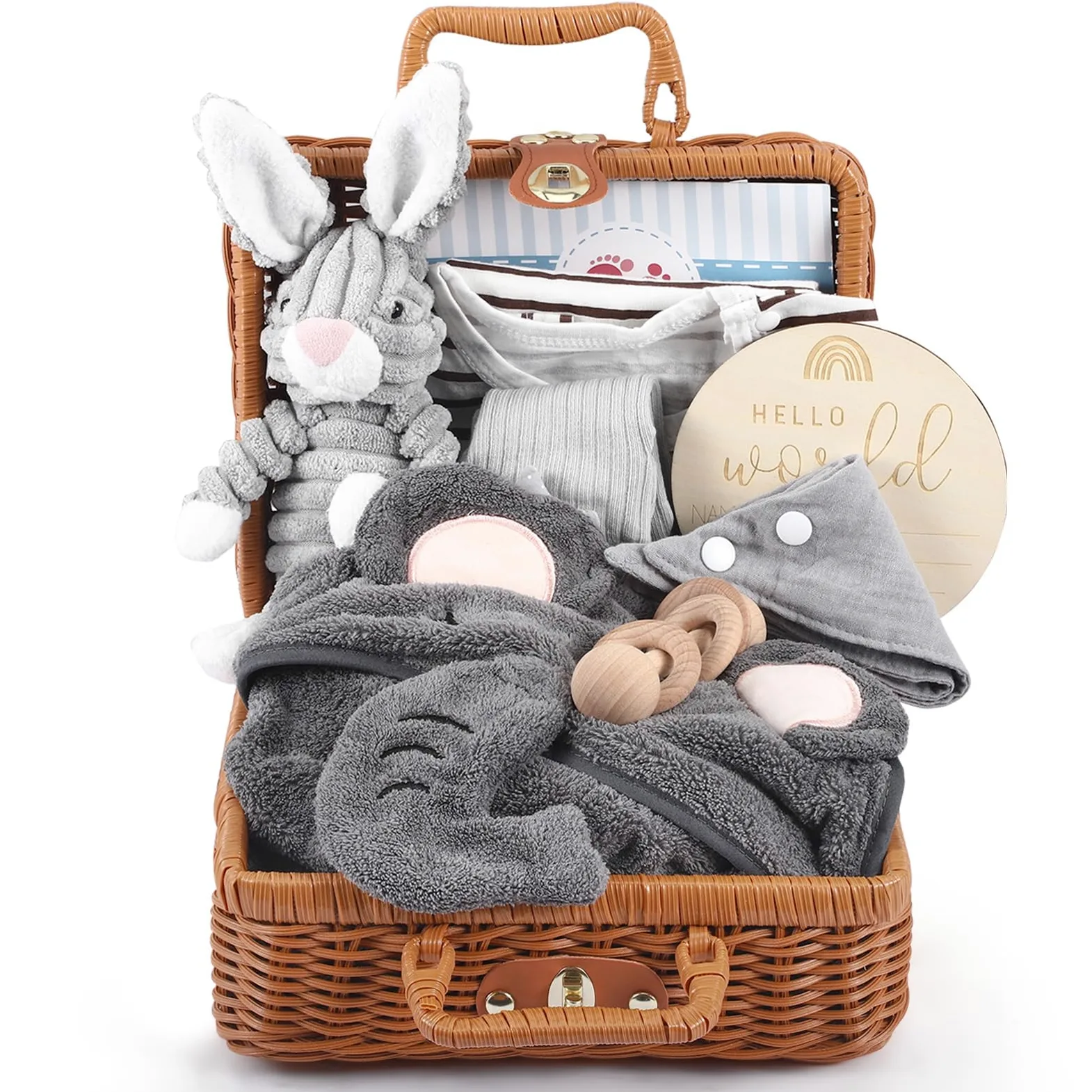 Set Regalo Torta di Pannolini per Neonati - Set Premium da 9 Pezzi con Peluche a Forma di Coniglietto e sonaglio in Legno in Una Scatola di bambù - Regali di Nascita neutri