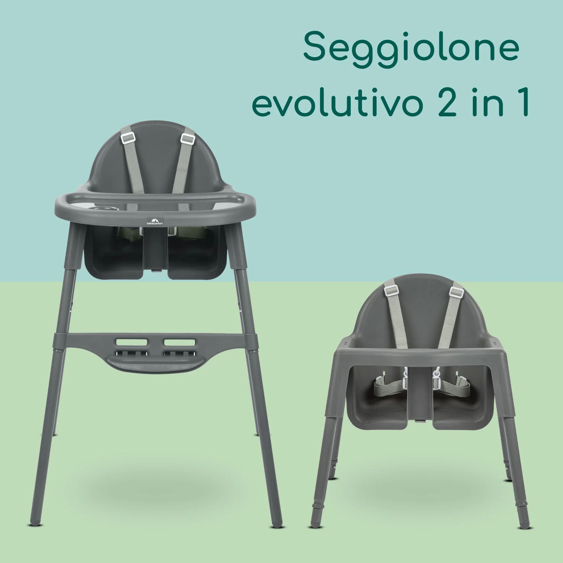 Bebeconfort Meely Seggiolone Pappa Portatile 2 in 1 Convertibile in Sedia Bambini, Seggiolone Evolutivo 6 Mesi-3 Anni, Leggero 3,3 kg, Cintura a 5 Punti, Dark Grey