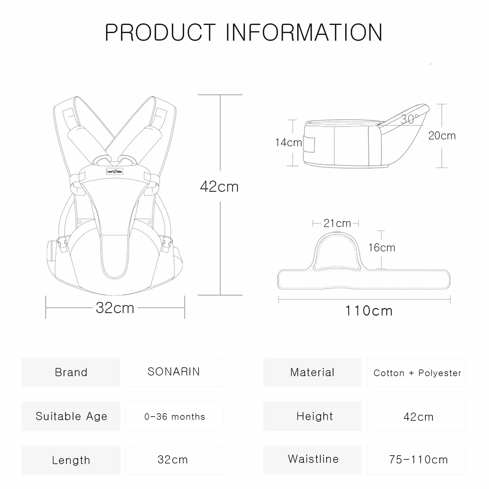 SONARIN Traspirante Semplice Hipseat Marsupio,Marsupio Neonati con Sedile Multifunzionale Portantina Ergonomico Porta Bambino Fascia Porta Bebè per Neonati Bambini 0-36 Mesi(Grigio)