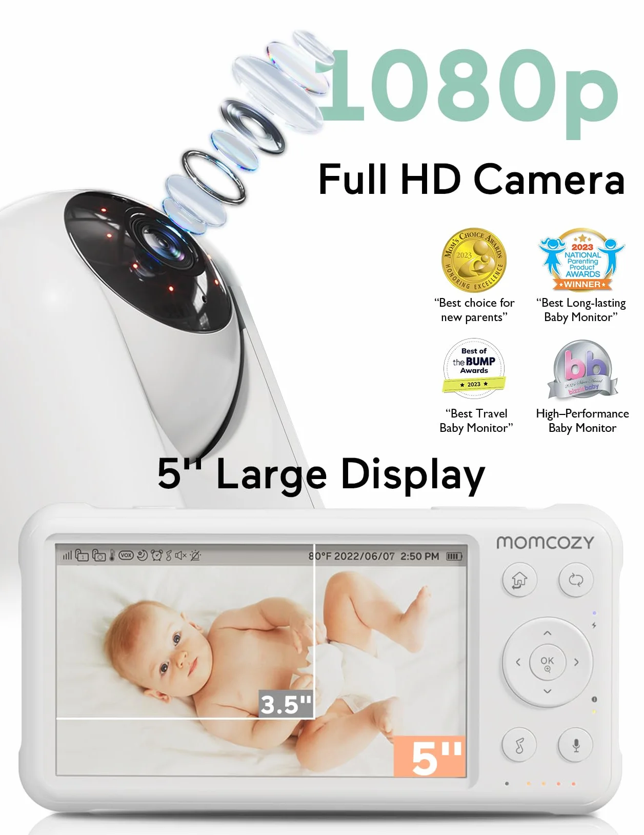 momcozy BM01 Baby Monitor Video con 2 Telecamere, 5" 1080P HD Split-Screen, Batteria 5000mAh, No WiFi,Visione Notturna, Audio Bidirezionale, VOX, 300m, Idea Regalo Nascita per Gemelli