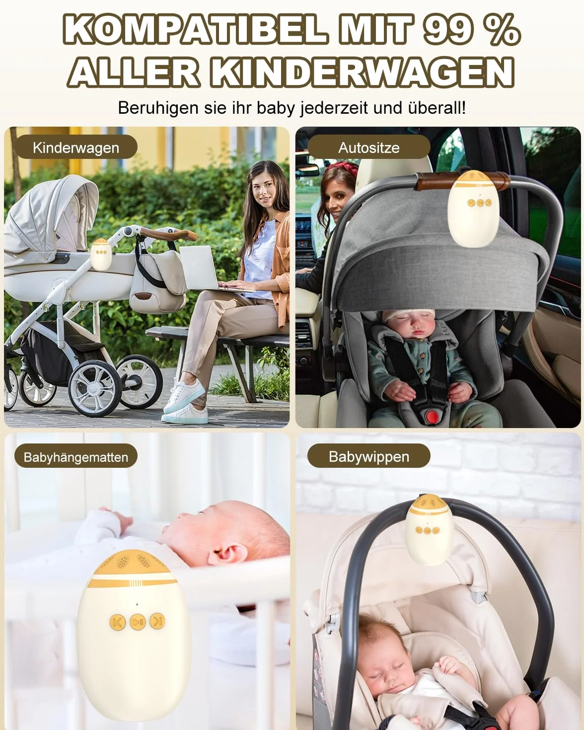 Passeggino con rumore bianco, vibratore per passeggino con 11 suoni rilassanti, supporto per dormire ricaricabile, regolazione continua, funzione portatile e Bluetooth per passeggini e passeggini
