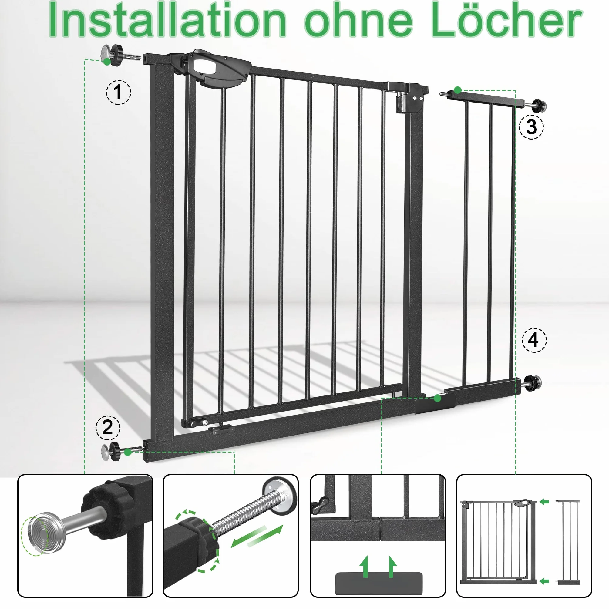 UISEBRT Griglia di protezione per scale senza foratura, per bambini, 105-115 cm di larghezza, chiusura automatica, apertura con una sola mano, in metallo, colore nero