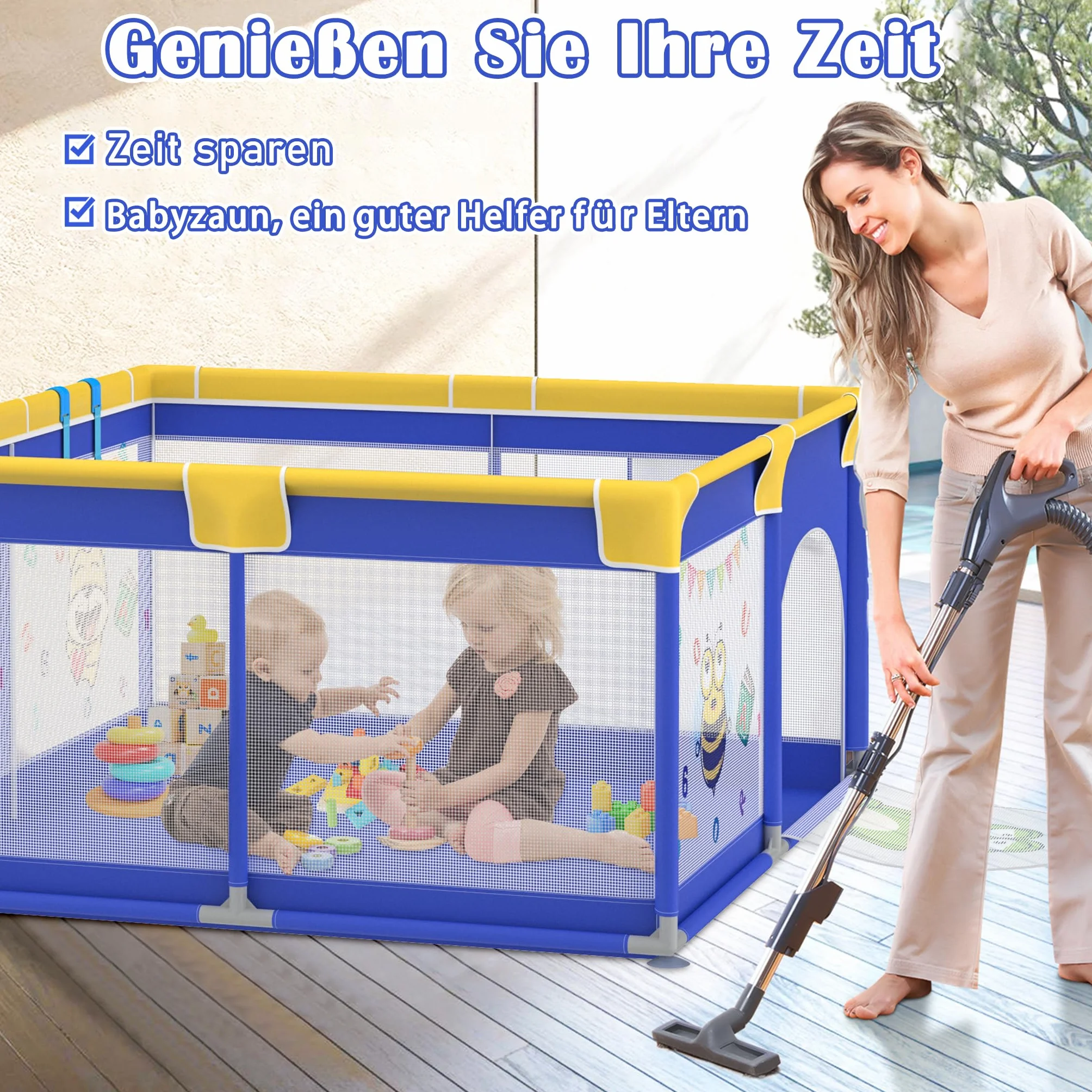 Aufun Box per Bambini, Tela 300D Oxford, con Schiuma Anti-Collisione, Griglia di Blocco, Rete Traspirante, Cerniera (Blu, 180x200x68 cm)
