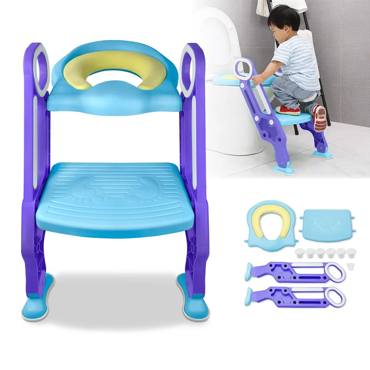 ACXIN Sedile WC per bambini con scale, vasino pieghevole, addestratore per WC regolabile con cuscino in poliuretano e maniglia, vasino per bambini, blu e viola