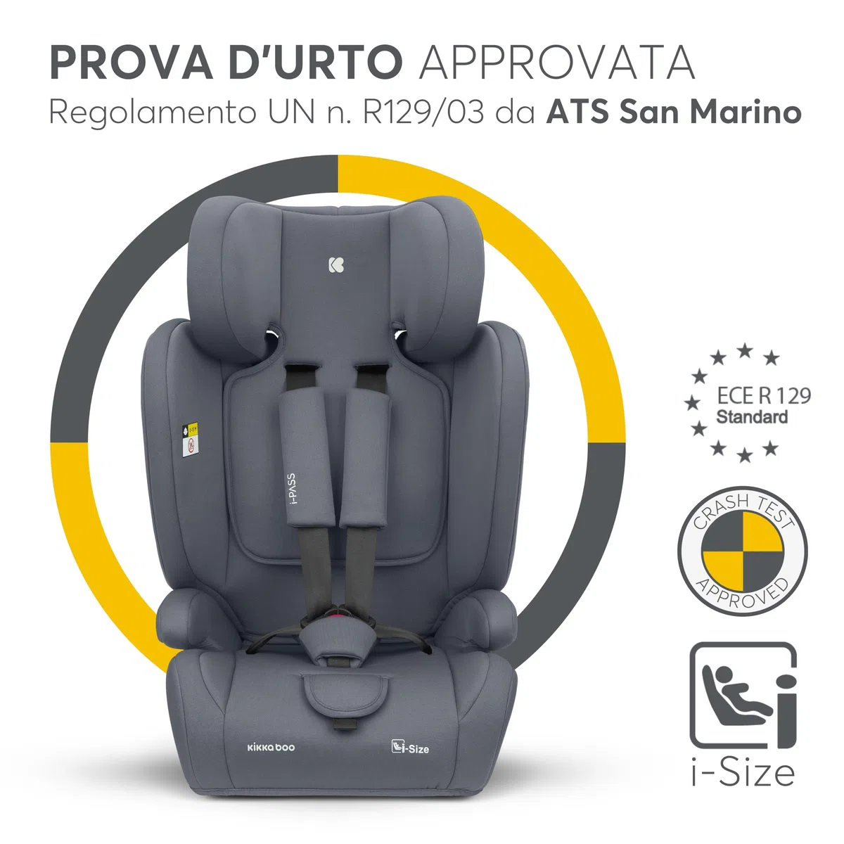 KikkaBoo Seggiolino Auto 9-36 kg i-PASS, Gruppo 1/2/3, Da 15 Mesi a 12 Anni, i-Size 76-150 cm, Poggiatesta Regolabile 13 Posizioni, Grigio