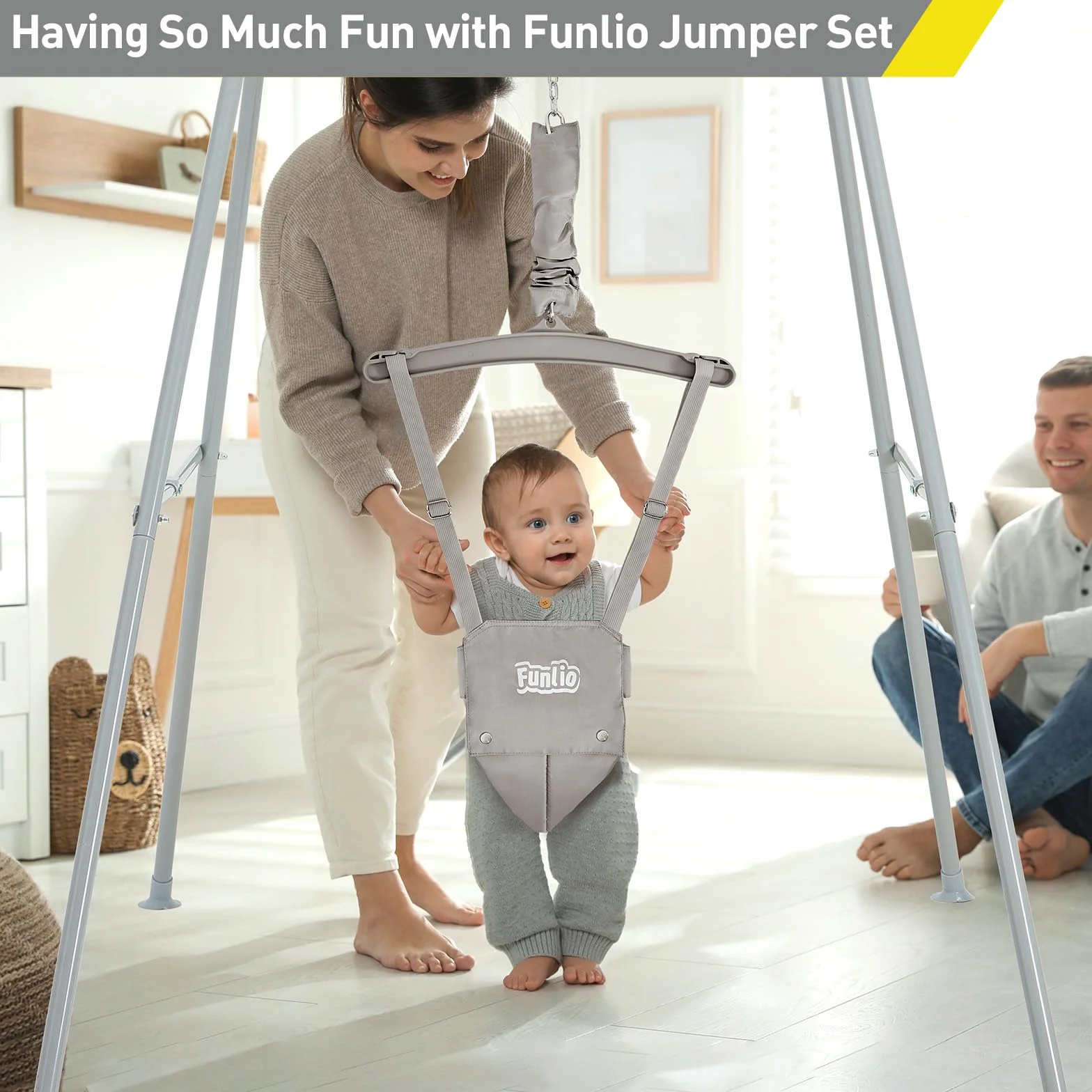 FUNLIO Altalena con Supporto per Neonati per 6-24 Mesi, Altalene Saltare Su per Bambini per Giochi Indoor/Outdoor, Maglione per Neonati/Ragazzo, con Catena Regolabile, Facile da Montare -Grigio