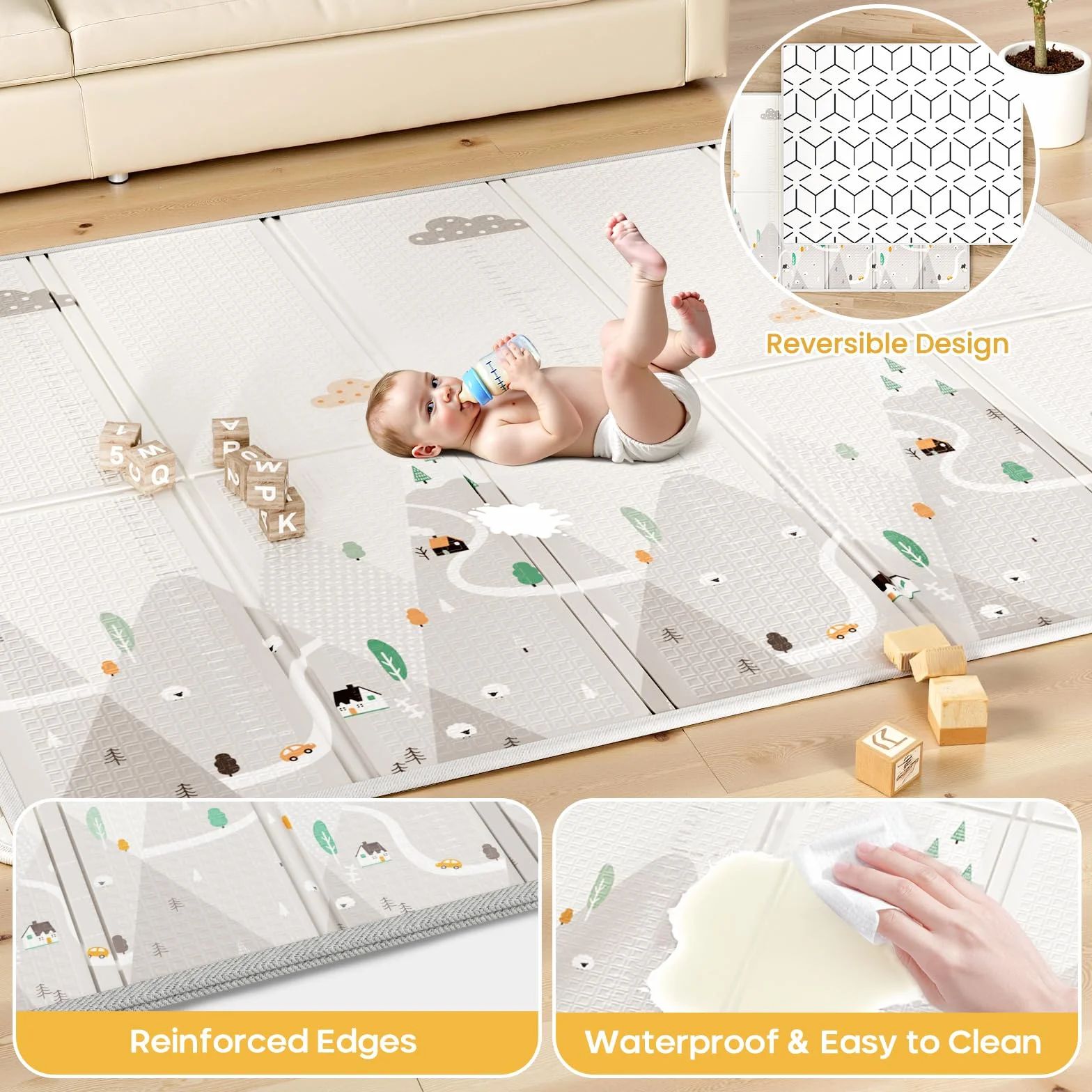 Beige Box Bambini con Materassino - Box Neonato 150×180cm,Recinto per Bambini con 4 Anelli,Imbottitura Morbida