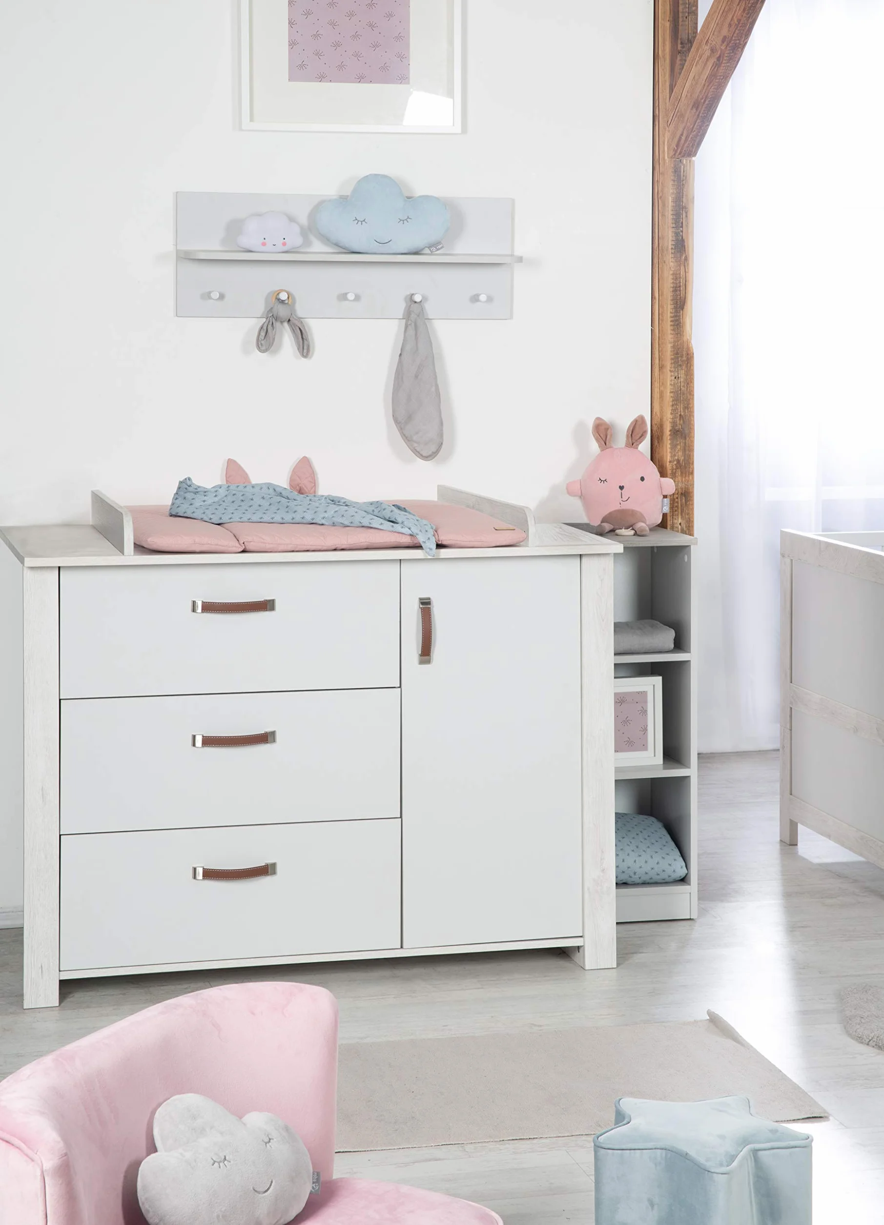 Cameretta per Bambini Mila Lettino Combinato 70x140 cm Fasciatoio Cassettiera Armadio 3 Ante Bianco Grigio