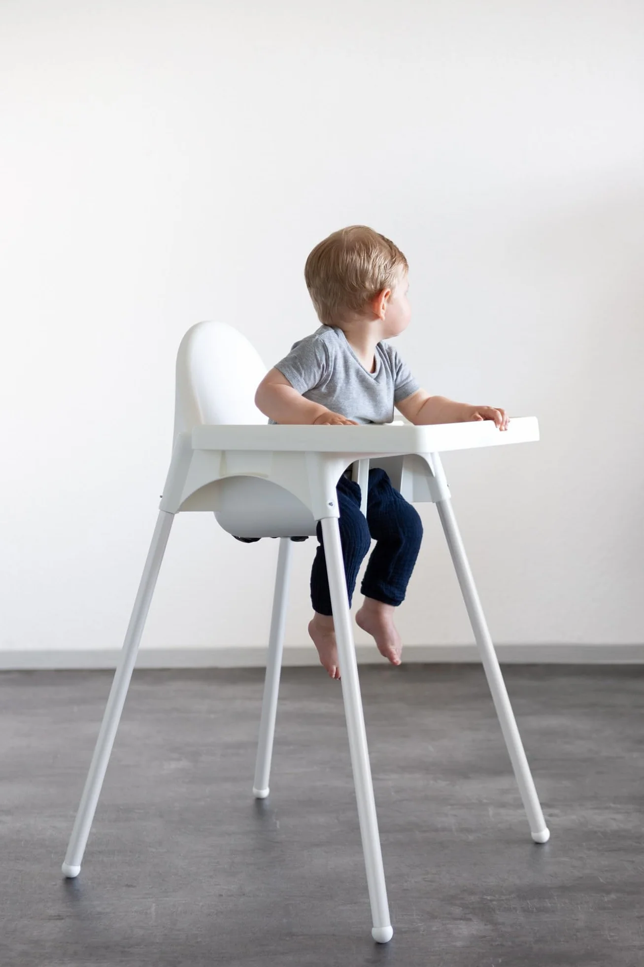Ikea Antilop Seggiolone bianco metallo con vassoio cintura sicurezza