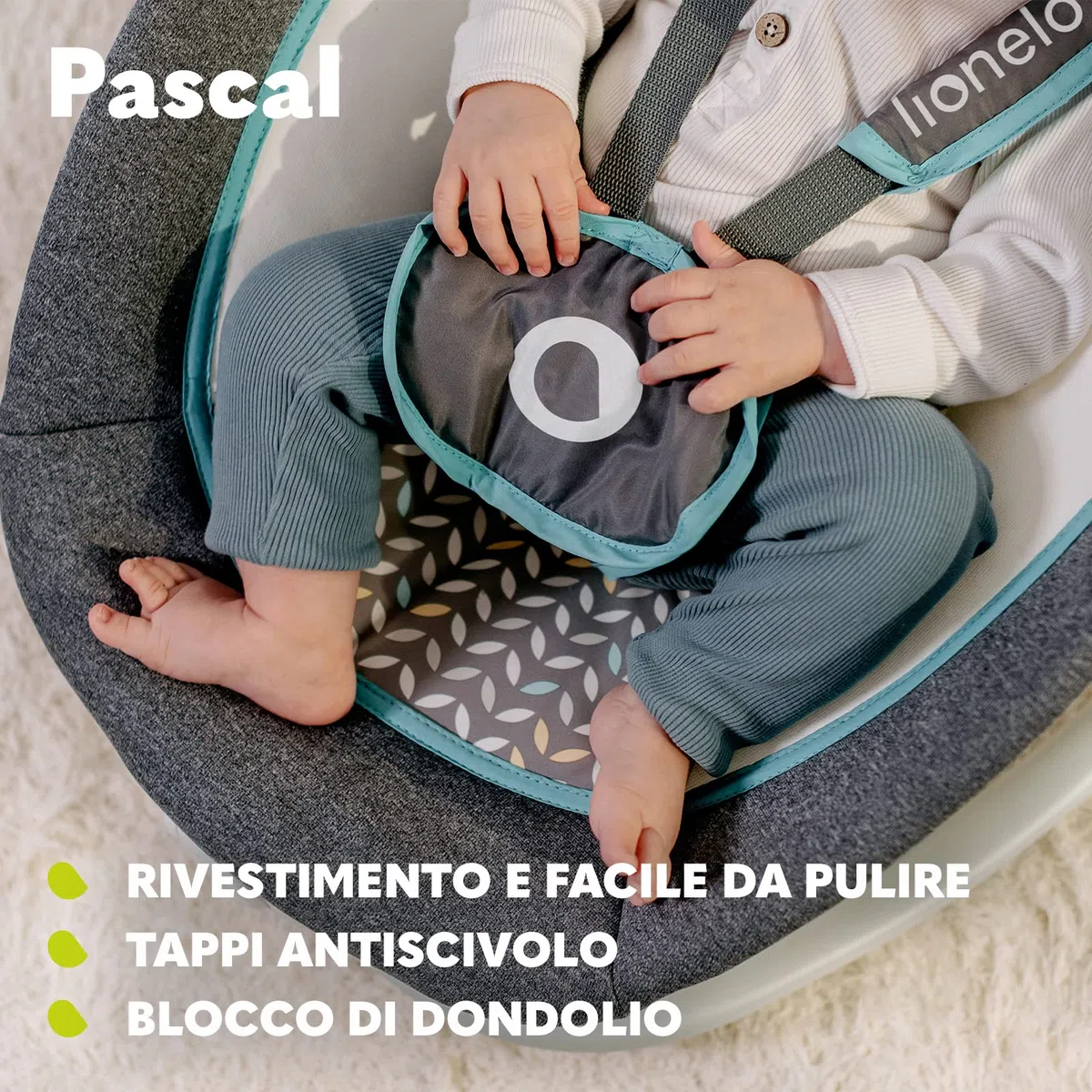 Lionelo Pascal Sdraietta neonati 0-9 kg Dondolo per bambini portatile e pieghevole, Culla 12 Melodie Giocattoli Regolazione dello schienale Vibrazioni Cinture a 5punti Materiale sfoderabile (Grigio)
