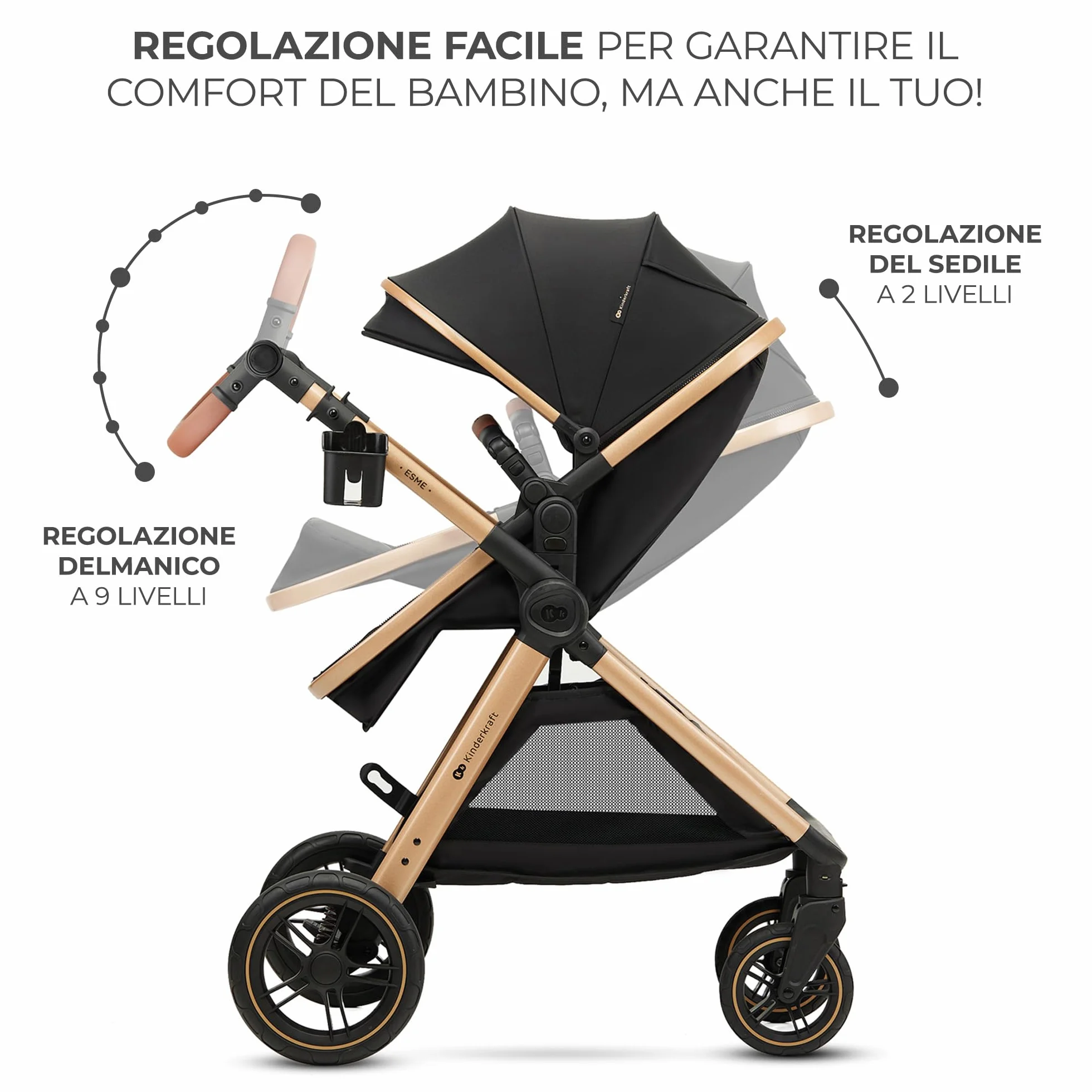Kinderkraft ESME Trio 3 w 1 Passeggino Neonati 26 kg Ovetto I-SIZE 40-75 cm Carrozzina Reversibile Pieghevole Nero