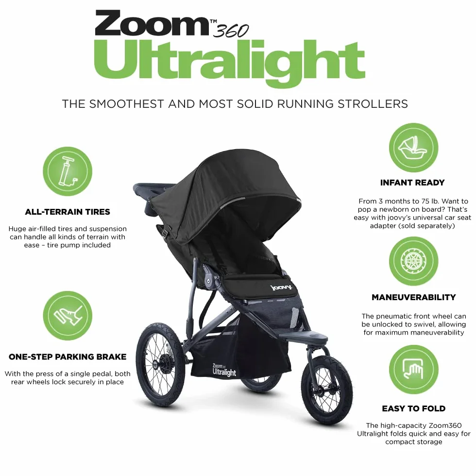 Joovy Zoom 360 Passeggino Da Jogging Ultraleggero, Capottina Grande, Pneumatici Ad Aria Extra Large, Nero