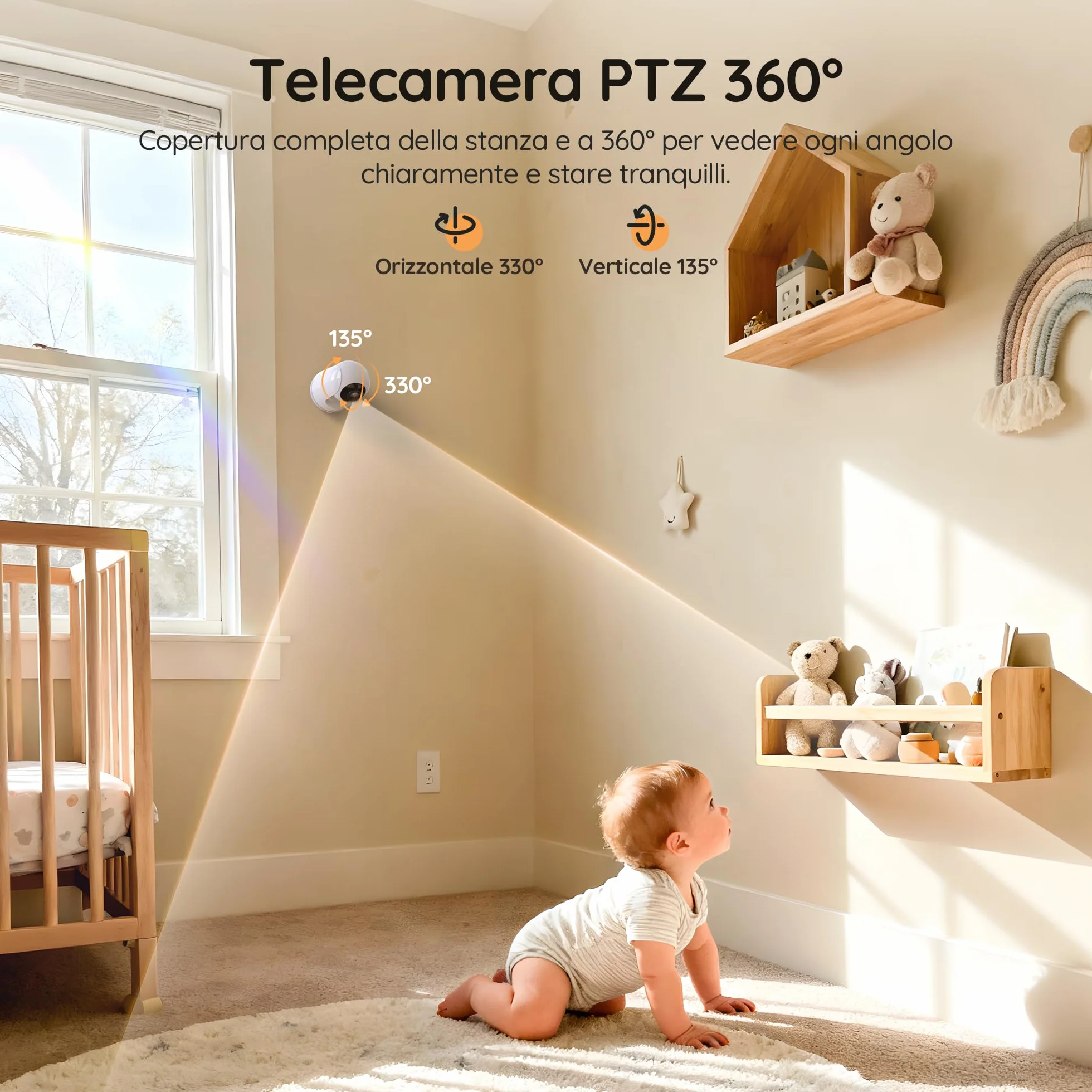 Boifun Baby Monitor 360° HD, Schermo IPS 5", Audio Bidirezionale, Rilevamento Temperatura, Batteria 3050mAh, Zoom 3X, Visione Notturna, Modalità VOX, Ninne Nanne