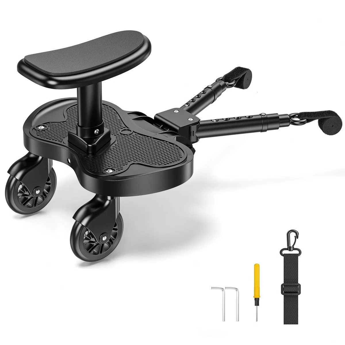 Pedana Passeggino Universale con Sedile più Grande, Buggy board per Bambini 2-6 Anni (25KG), Adatta al 99% dei Passeggini, Montaggio Facile, Ideale per Famiglie con Due Bambini (Nero)