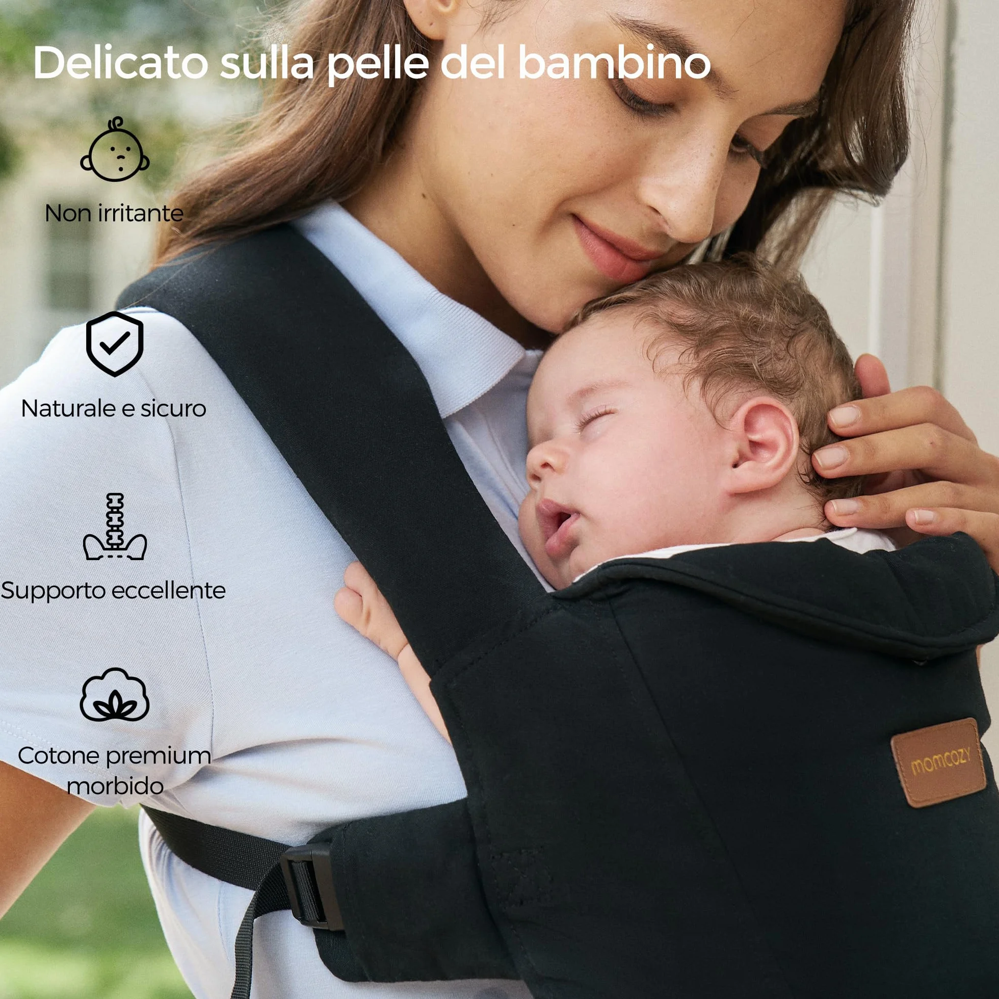 Momcozy Marsupio Porta Bebè per Neonati, Seduta Regolabile con Scala sulla Cintura, Supporto Collo, Chiusura con Anello di Sicurezza, 3,2–11 kg, Nero