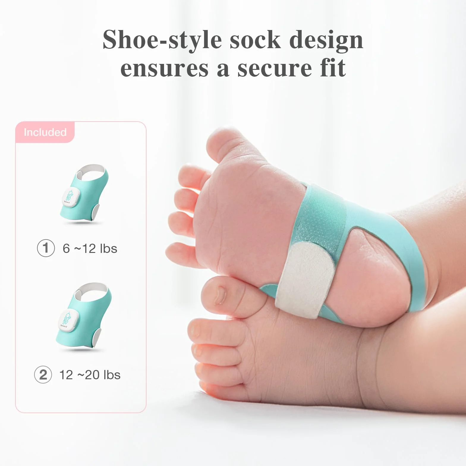 Sense-U Baby Smart Sock Shoe Baby Monitor, monitora i modelli di sonno, frequenza cardiaca, movimento per la pace della mente, monitor del piede infantile per un sonno migliore, 0-12 mesi