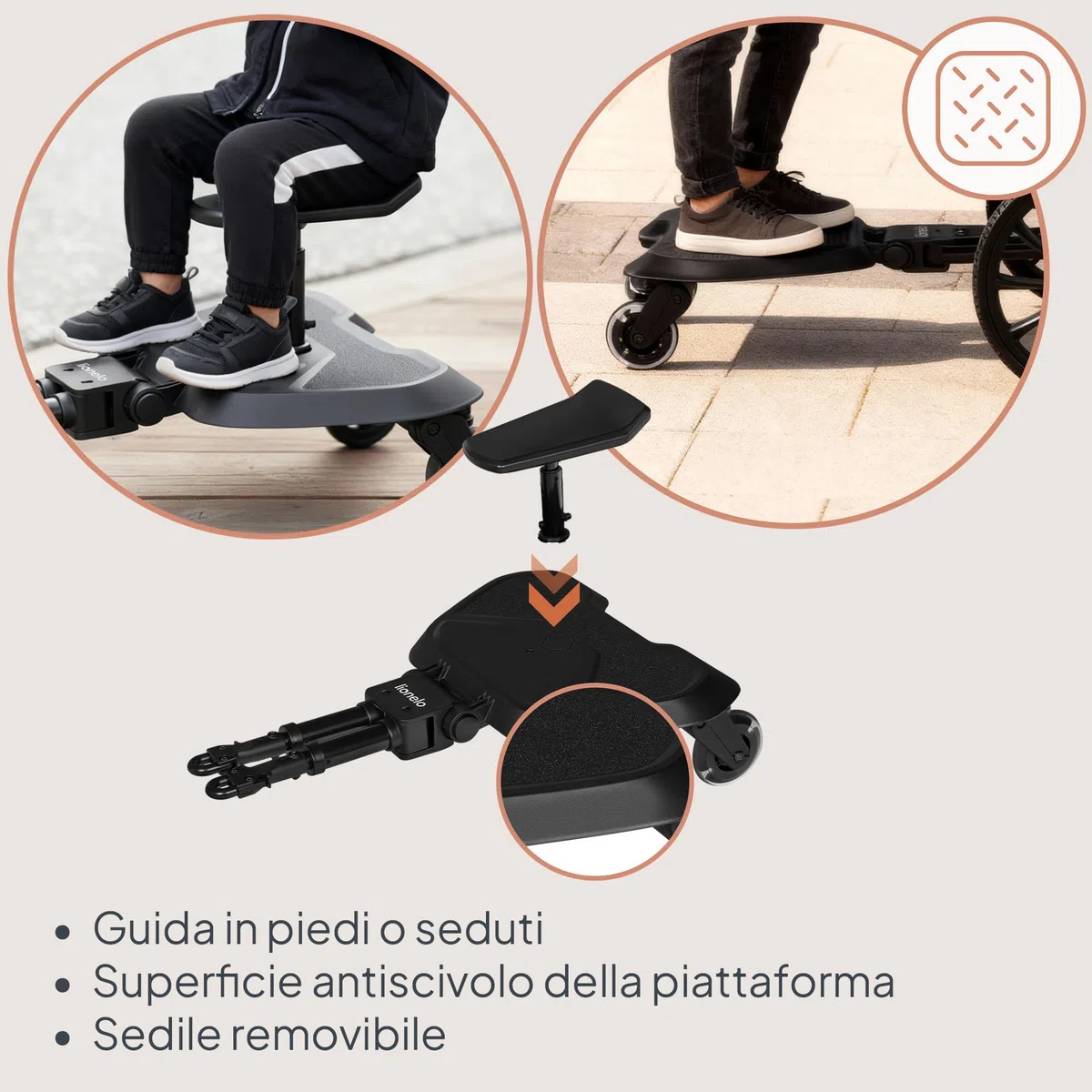 LIONELO Pedana Passeggino BUGGY BOARD con Seduta staccabile, Pedana Universale, per Bambini da 2 a 5 anni, Portata 25 kg, Ammortizzazione, Montaggio Universale, Ruote a LED, Pedane mobili