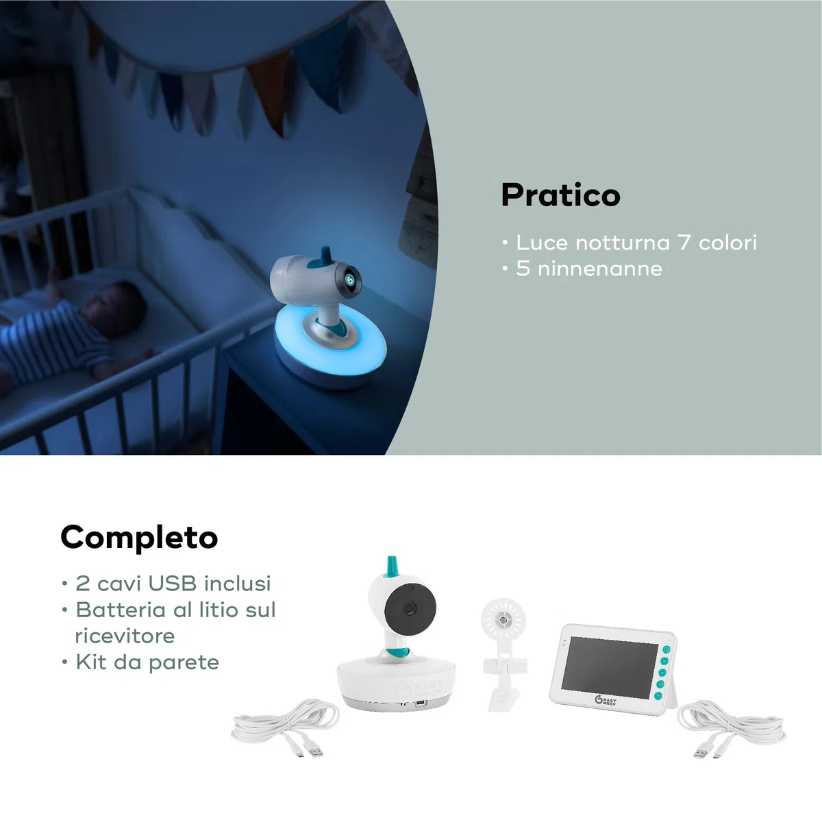 Babymoov Yoo Moov Baby Monitor Video Motorizzato 360°, Tutto in Uno, Bianco