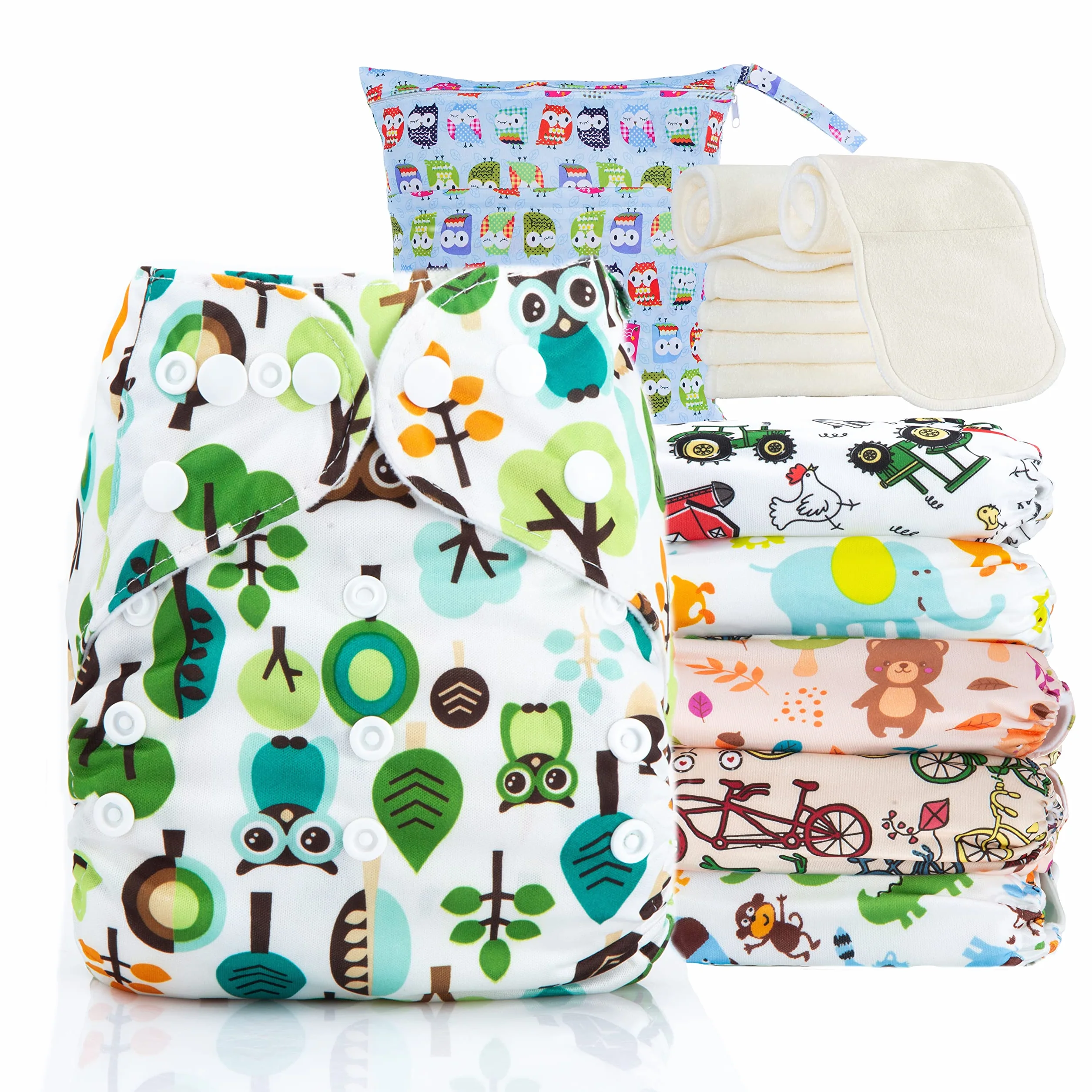 Set di 6 Pannolini Lavabili Riutilizzabili per Bambini e Neonati con Inserti in Bambù e Wetbag Oeko Tex Standard 100