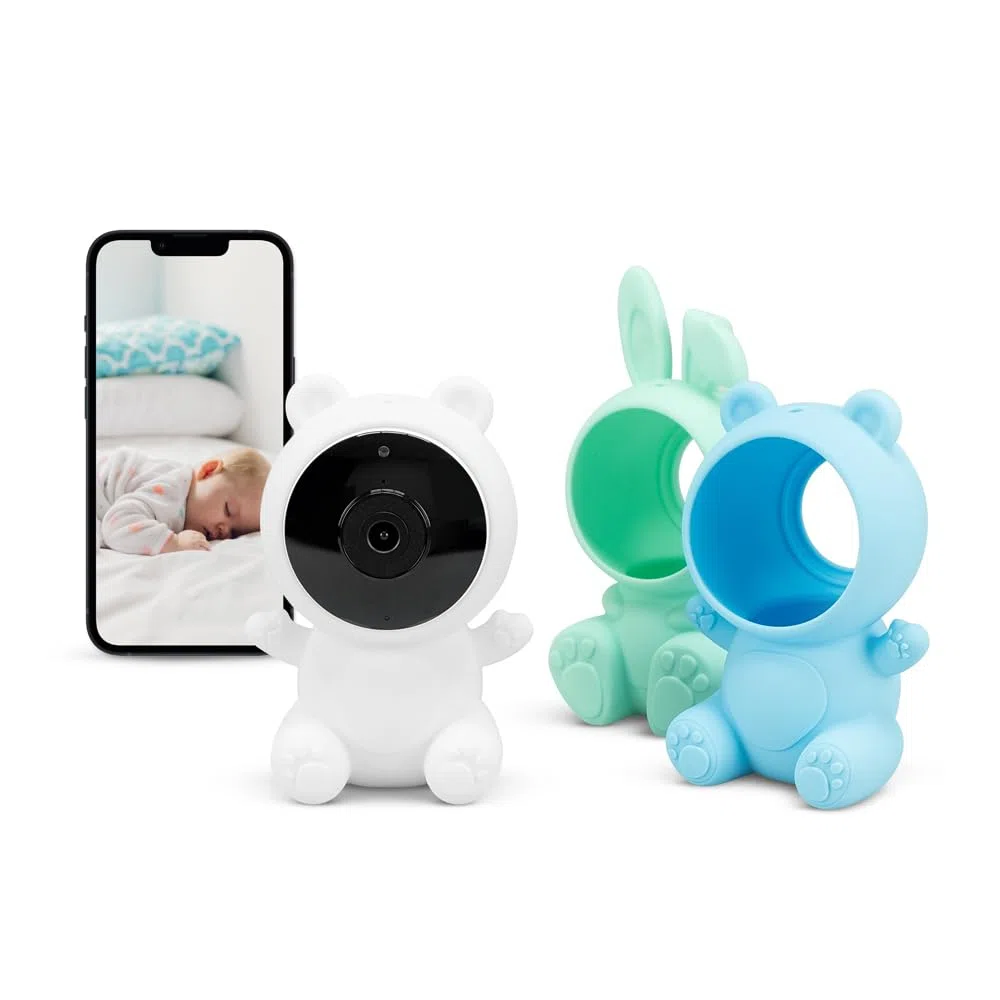 Garza Telecamera per la Sorveglianza del Bambino 1080p HD con Sensore di Temperatura, Visione Notturna, Rilevamento di Pianti, Ninnananne, Rumore Bianco e WiFi 2.4 GHz., 3 Coperture + Supporto