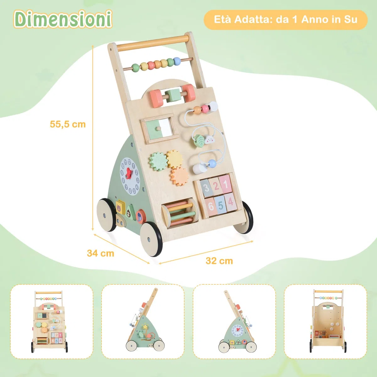 COSTWAY Carello Primi Passi in Legno per Bambini, Girello Montessori con Centro Attività, Ruote e Cestino Portaoggetti, Gioco Educativo per Bambini 12 + Mesi (Modello 5)