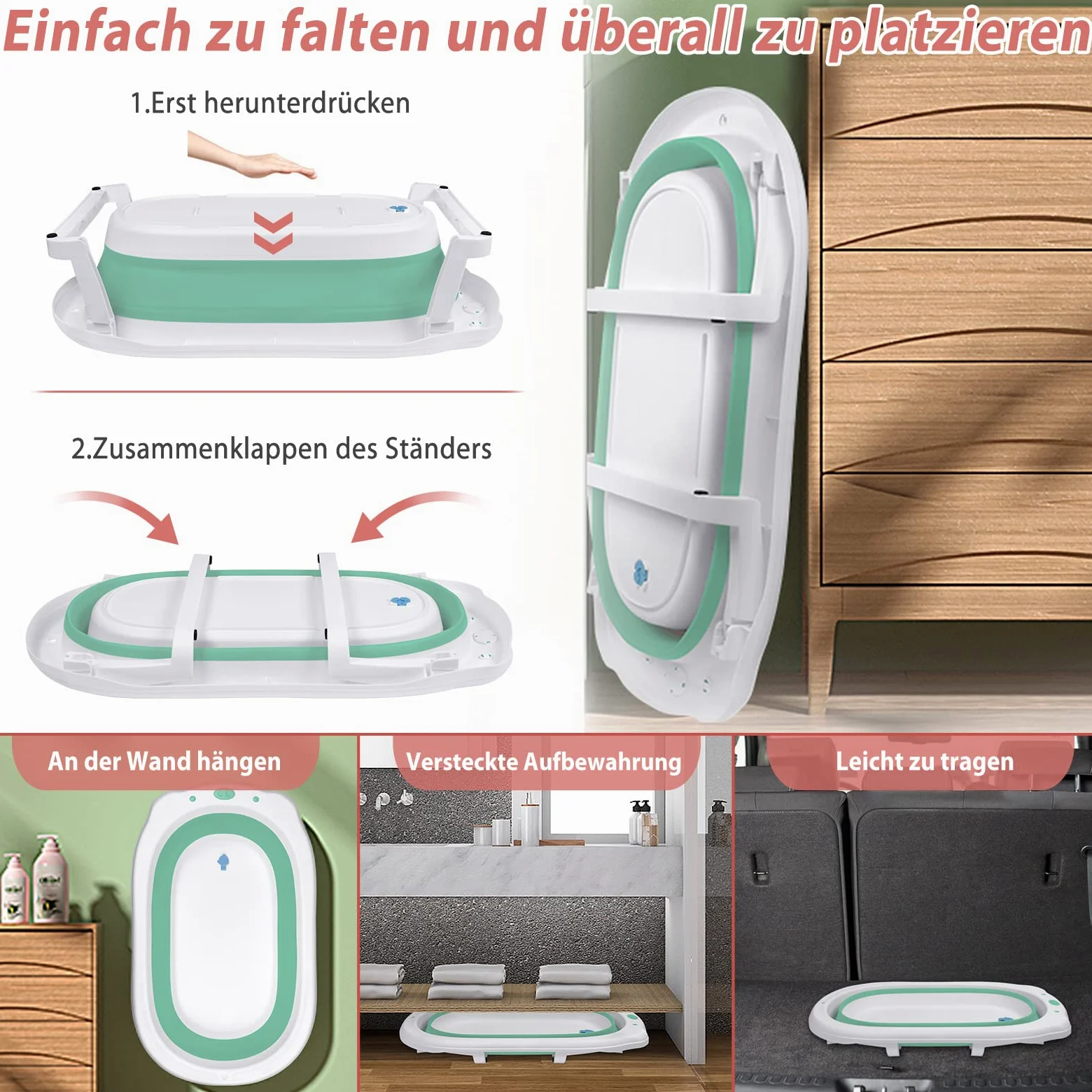 Froadp Vasca da bagno pieghevole 82 x 50 x 20 cm con fori di drenaggio e cuscino antiscivolo per neonati e bambini (verde, con cuscino da bagno)