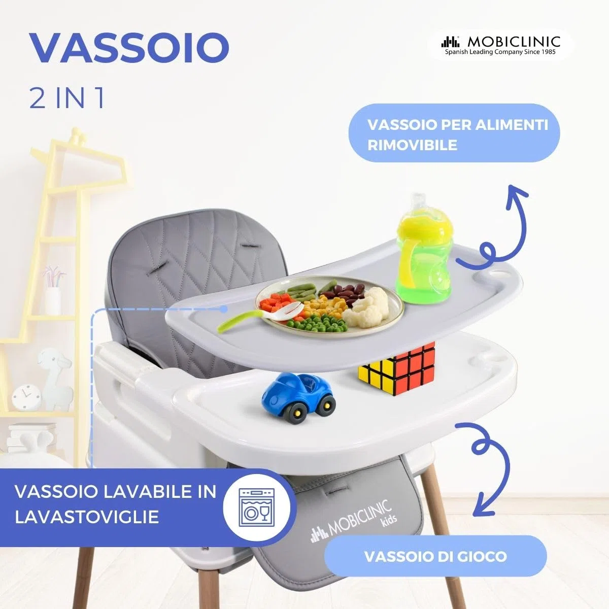 Mobiclinic® kids, Seggiolone pappa evolutivo, 3 in 1, Kiara, + sedia da gioco alto, Pieghevole, Cintura di sicurezza a 5 punti, Vassoio regolabile, 6-36 mesi, Fino 15 kg