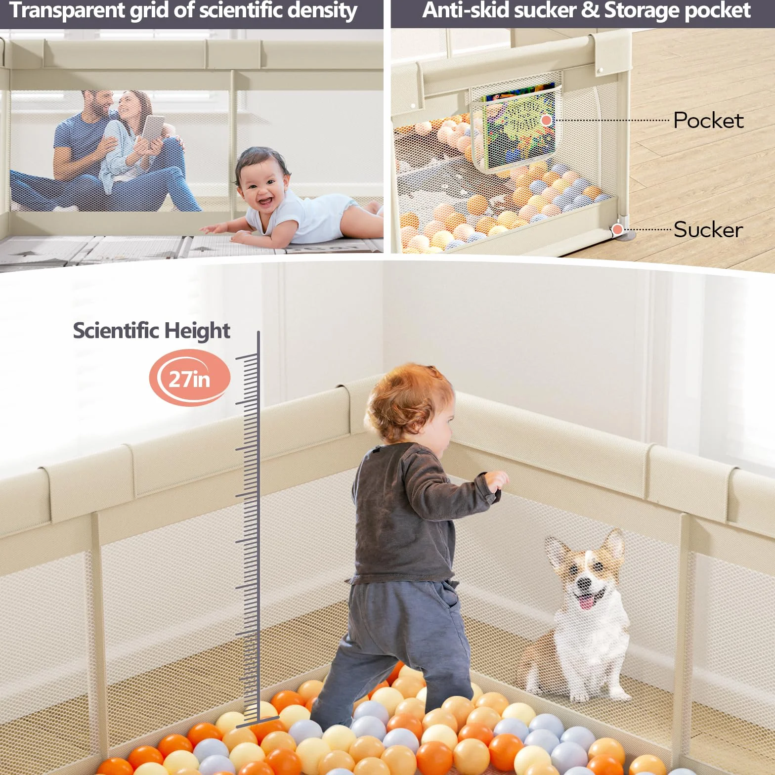 Fodoss box recinto morbido per bambini, neonato, 120x120cm, con Rete Traspirante Sui Quattro Lati e Ventose-beige