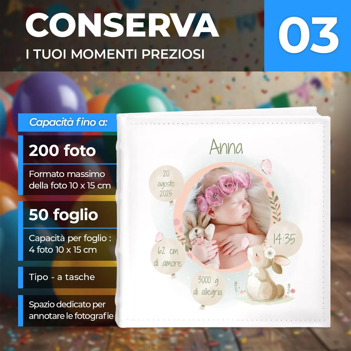 Maverton Album Fotografico Personalizzato - Album foto per neonata - Copertina in Pelle Sintetica Bianca Personalizzata con Stampa - 100 pagine - 200 foto 10x15 cm - regali neonata - Coniglio