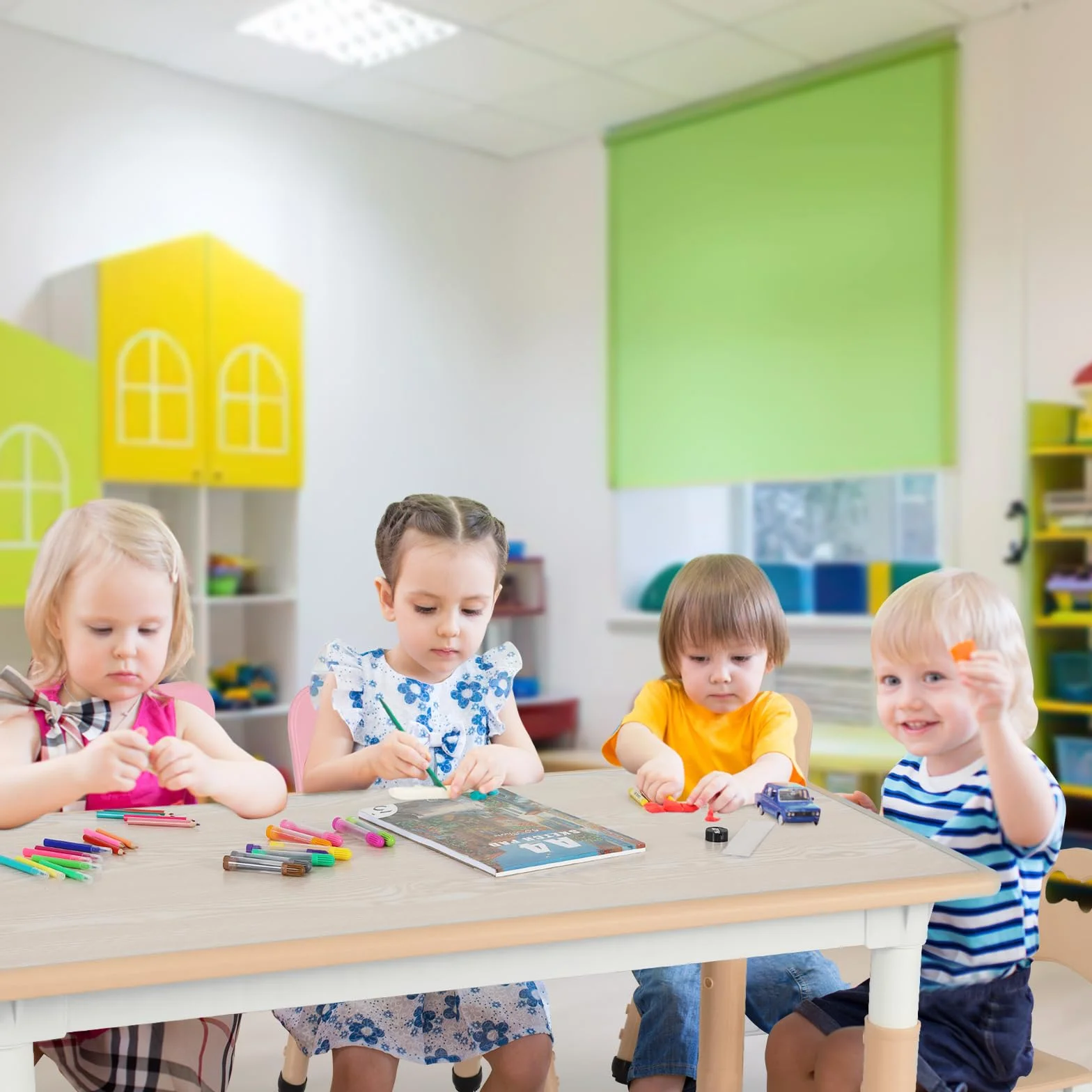 MAMIZO Tavolo Bambini con 4 Sedie Regolabile in Altezza Set Plastica Giallo