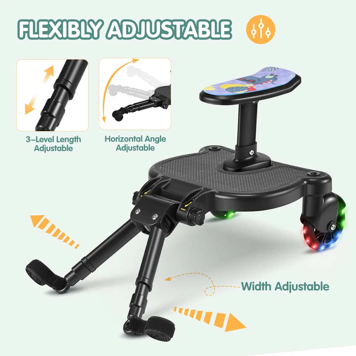 Pedana Passeggino Universale con Ruote a LED, Tavolette Portatili con Sellino per Passeggini Adatto al 99% dei passeggini, Accessorio per Passeggino per Bambini di 2-6 Anni 25 kg, Nero