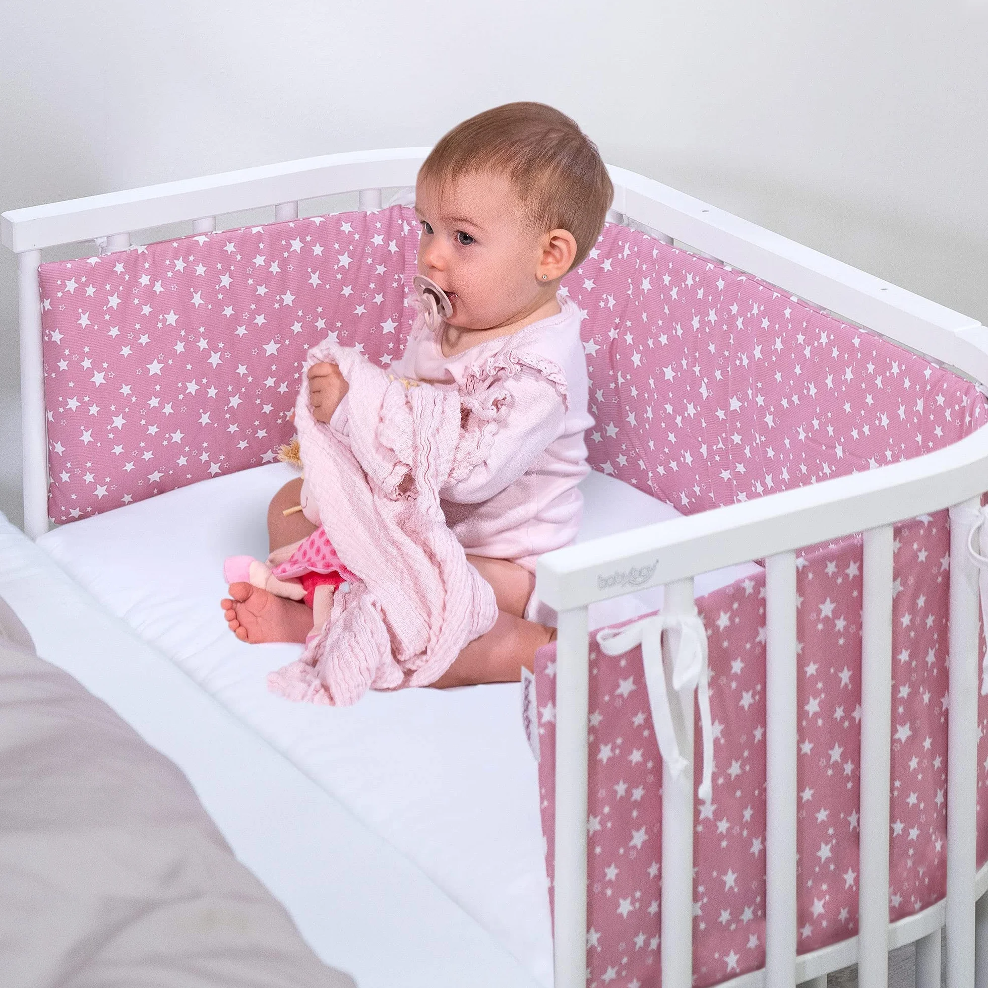 babybay Paracolpi a rete per modello Boxspring XXL, bianco a pois grigio perla