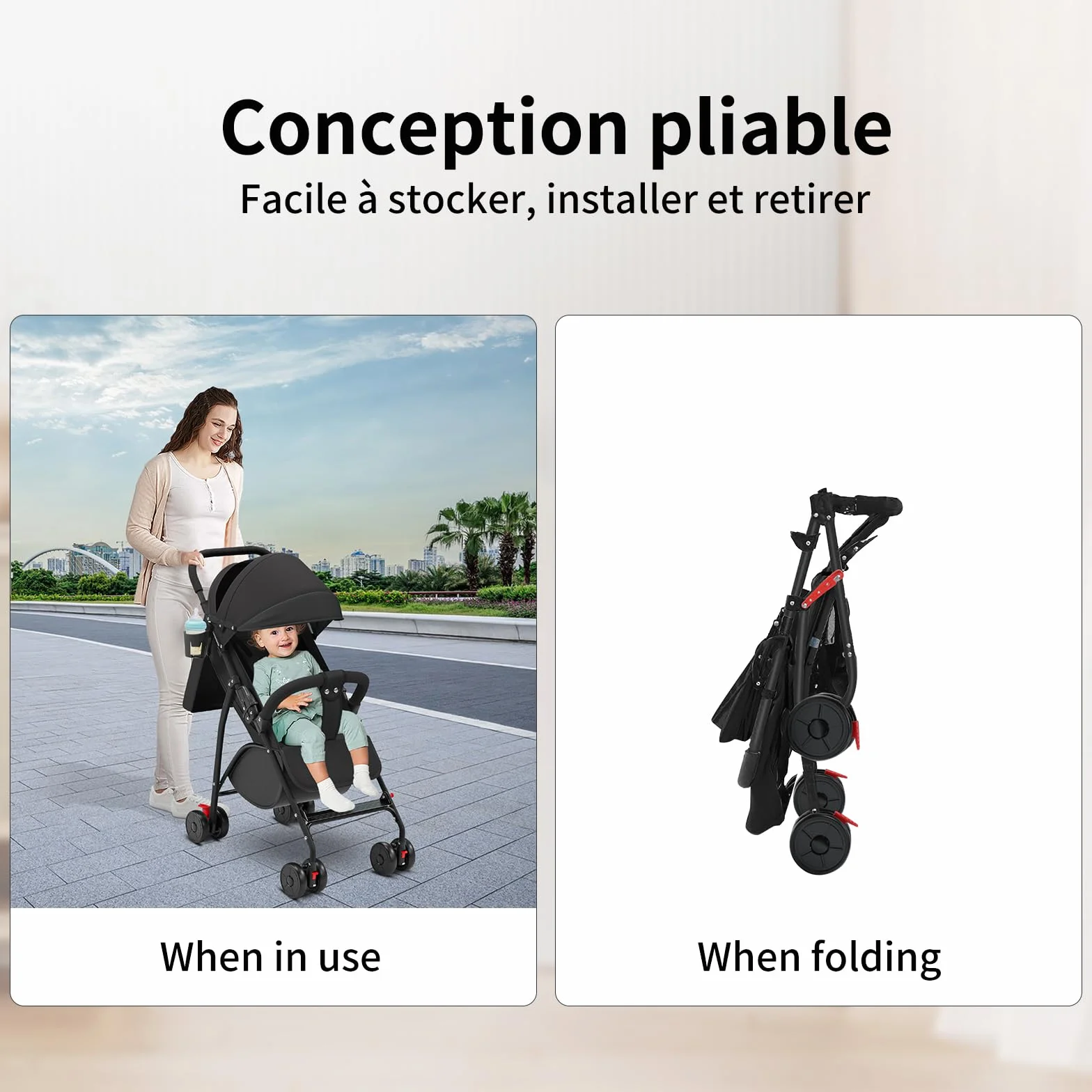 Passeggino Leggero e Compatto Pieghevole 0-4 anni 25 kg Schienale Reclinabile Piegatura Automatica 1 Passaggio Canopy C Nero