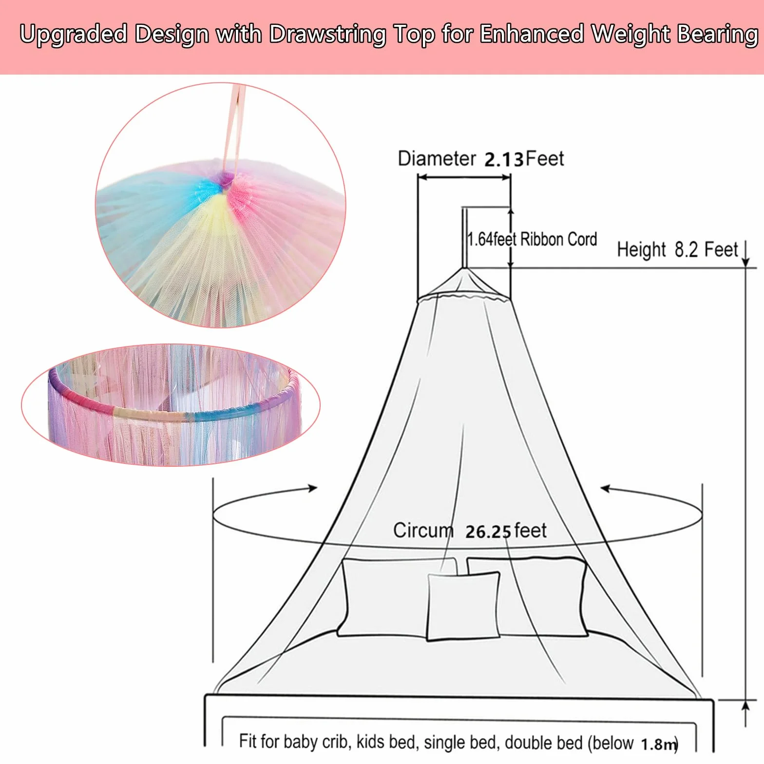 Principessa baldacchino letto con 250pcs luci bianche calde tenda, baldacchino letto arcobaleno per le ragazze camera decorazione o festa a tema unicorno