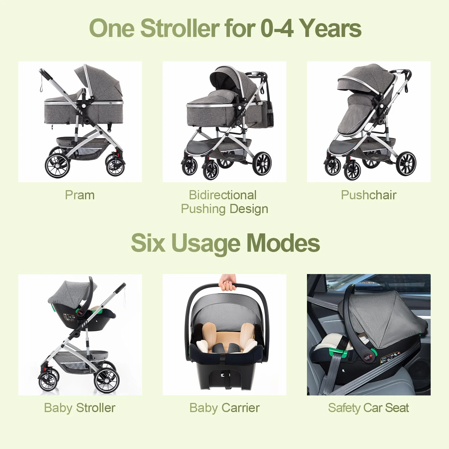 Gcarebb Passeggino 3 in 1 con seggiolino auto pieghevole telaio alluminio neonati 0-4 anni