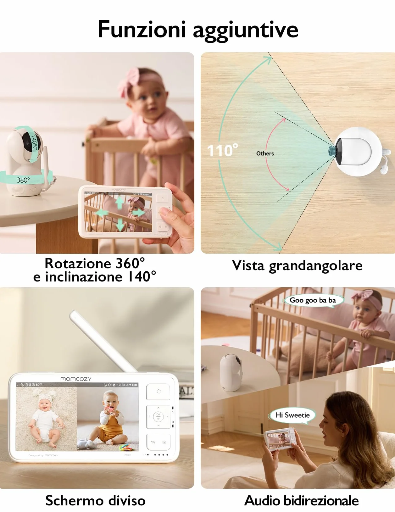 Momcozy BM03 Baby Monitor Video 5.5" Full HD 1080P Senza WiFi, Visione Notturna, Batteria 5800mAh