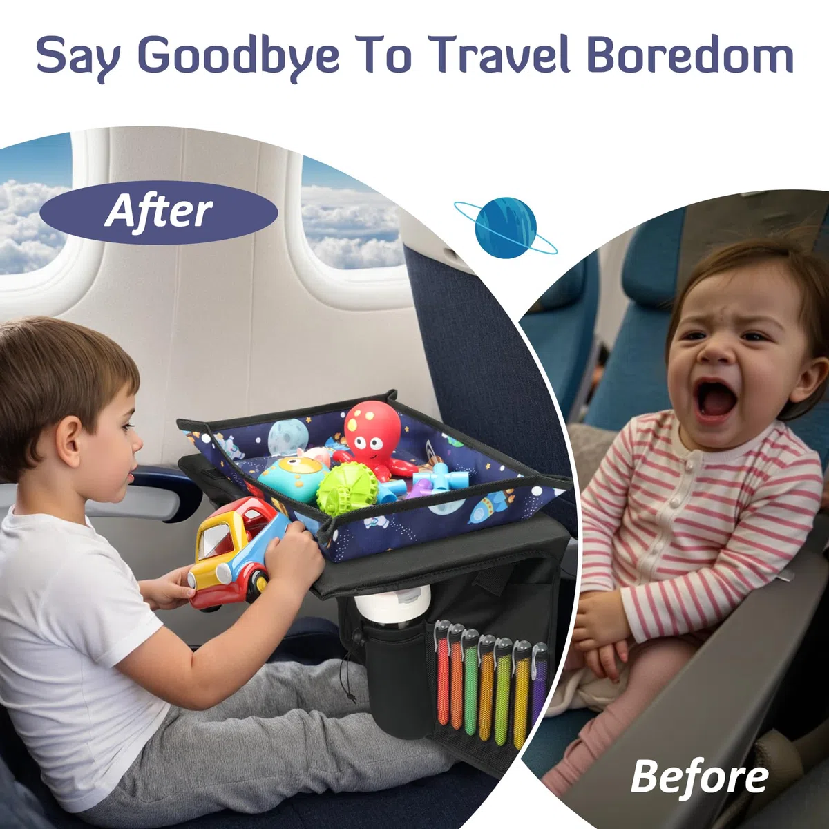 Babenest Vassoio da viaggio per bambini con supporto per tablet, elementi essenziali per aerei, vassoio da viaggio con tasche, indispensabile per viaggi in treno e forniture per volare (blu cielo