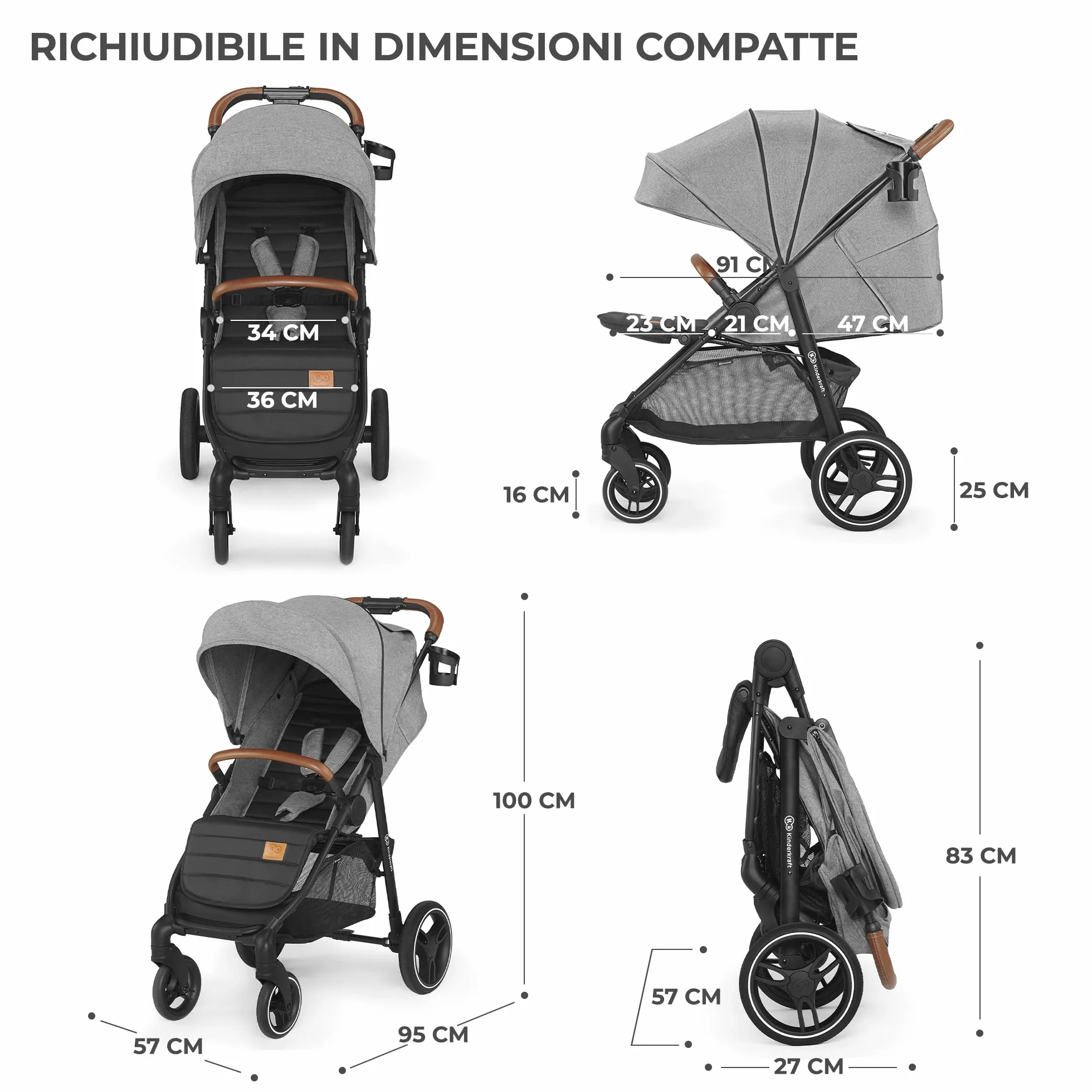 Kinderkraft GRANDE PLUS Passeggino Leggero 22 kg Pieghevole una Mano Cappottina XL Grigio