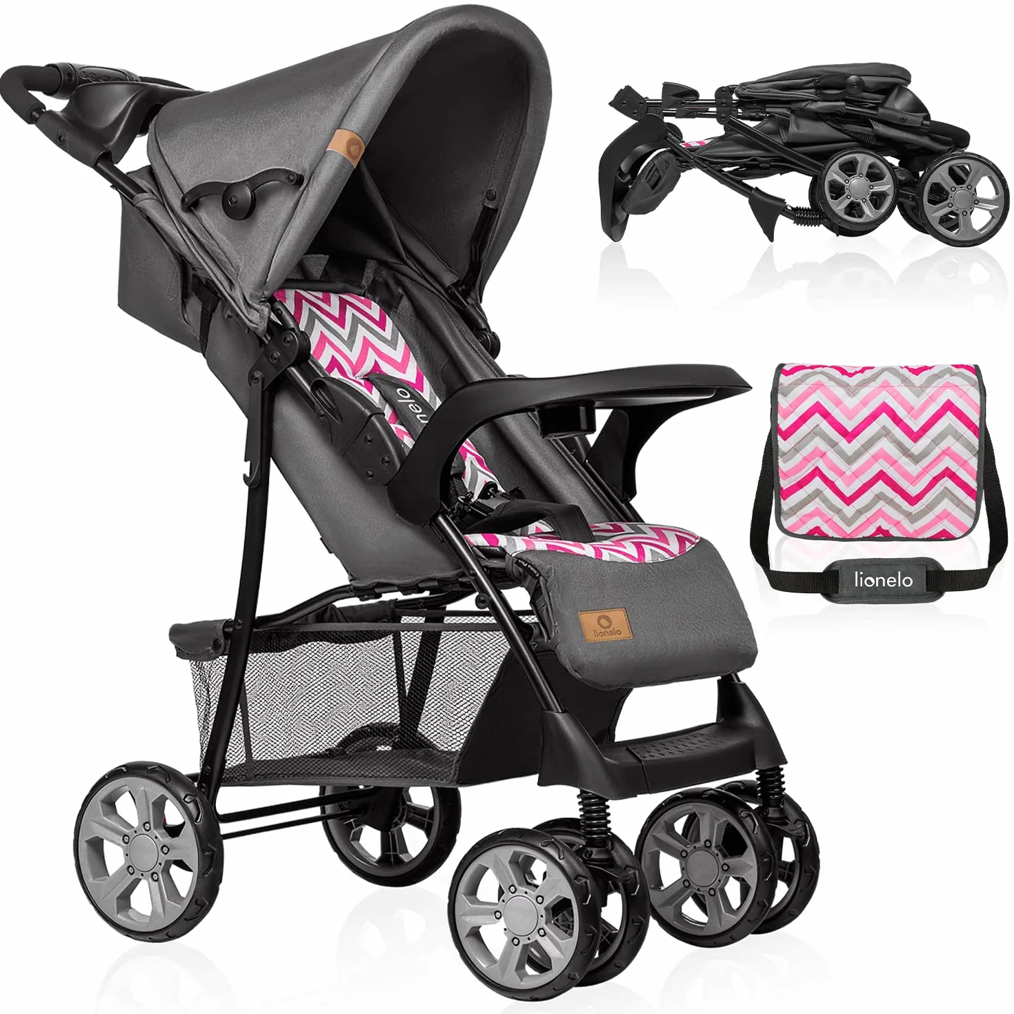 Lionelo Emma Plus Passeggino Leggero Pieghevole 6 Mesi 15kg Schienale Regolabile Sdraiata Cinture 5 Punti Ammortizzatori Cappotina XXL Vassoio Portabibite Borsa