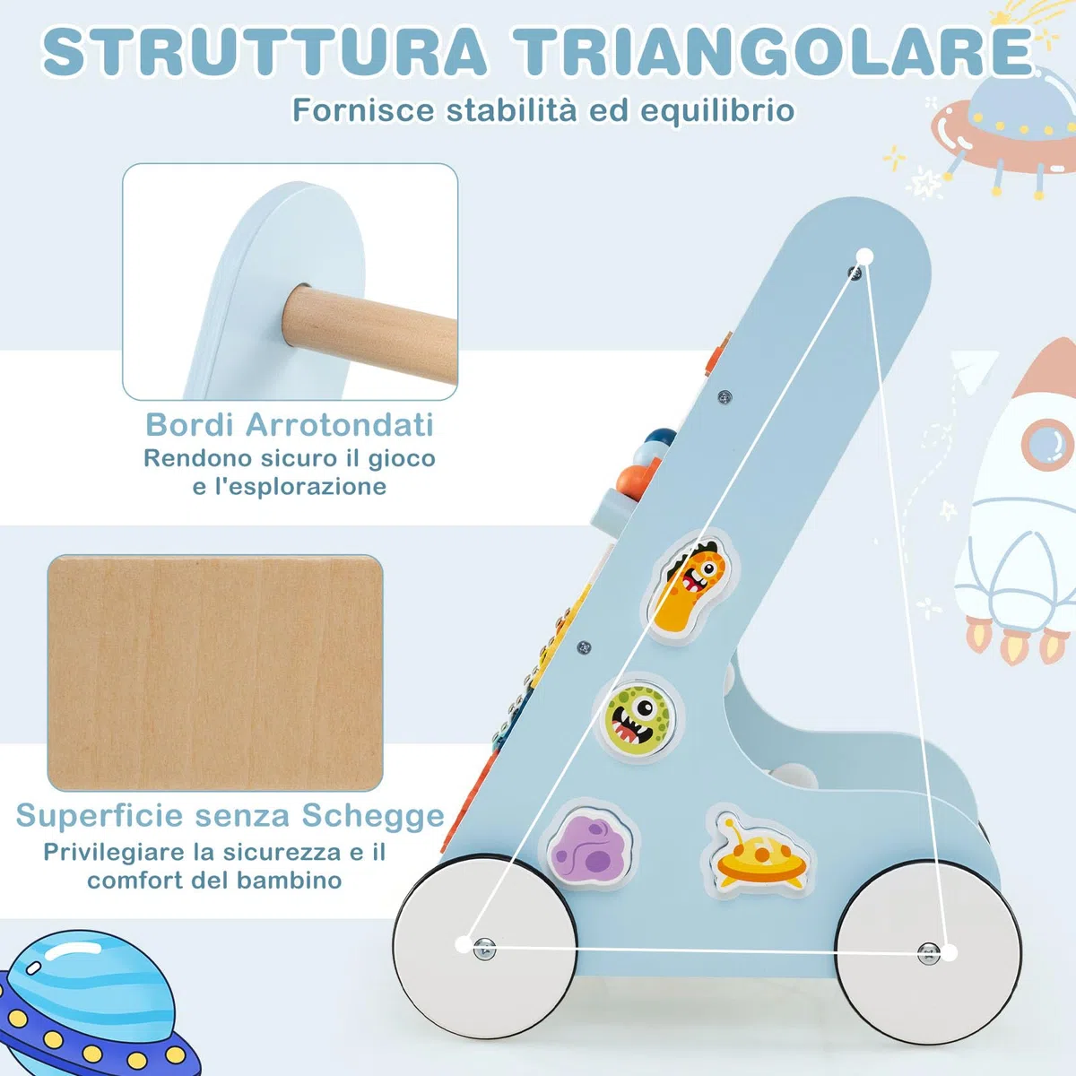 COSTWAY Carrellino Primi Passi 8 in 1, Girello in Legno per Bambini, Giocattolo Montessori, Centro Attività di Apprendimento a Spinta, Giocattolo a Spinta per Bambini di 1+ Anni (Blu)