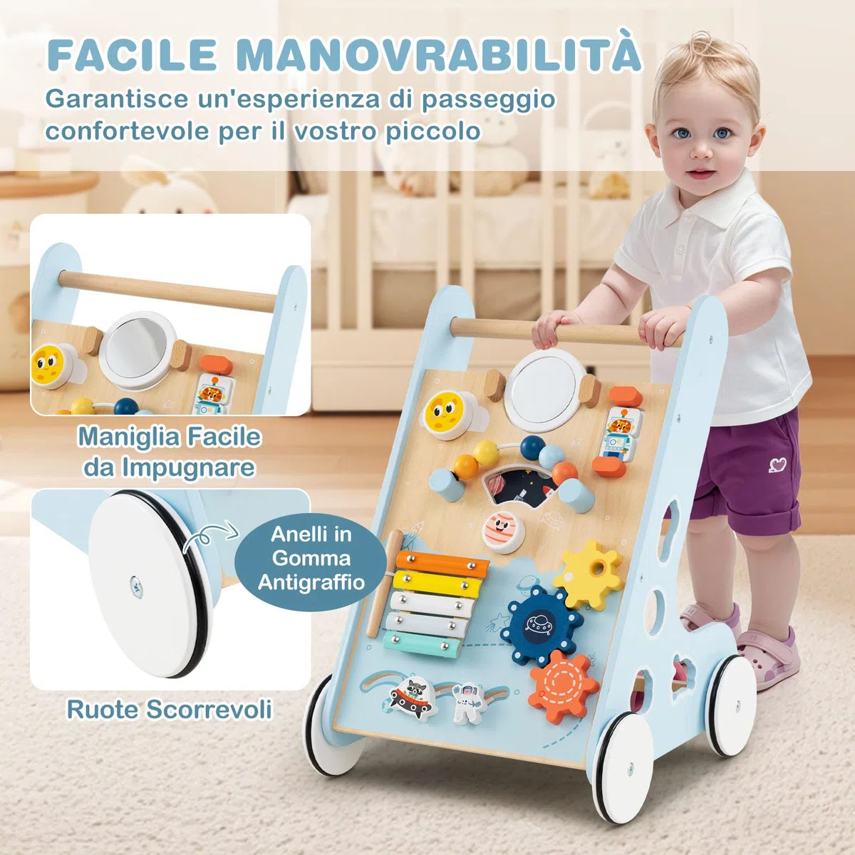 COSTWAY Carrellino Primi Passi 8 in 1, Girello in Legno per Bambini, Giocattolo Montessori, Centro Attività di Apprendimento a Spinta, Giocattolo a Spinta per Bambini di 1+ Anni (Blu)