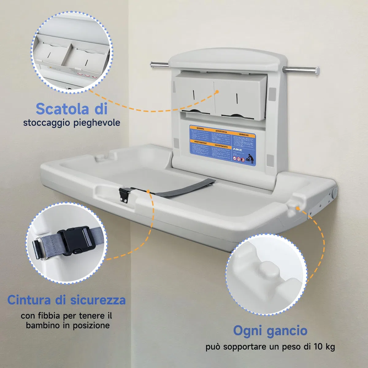 AIKE Unità Cambio Bebè Commerciale, orizzontale a parete pieghevole, Conforme CPC, (Bianco Grigiastro)