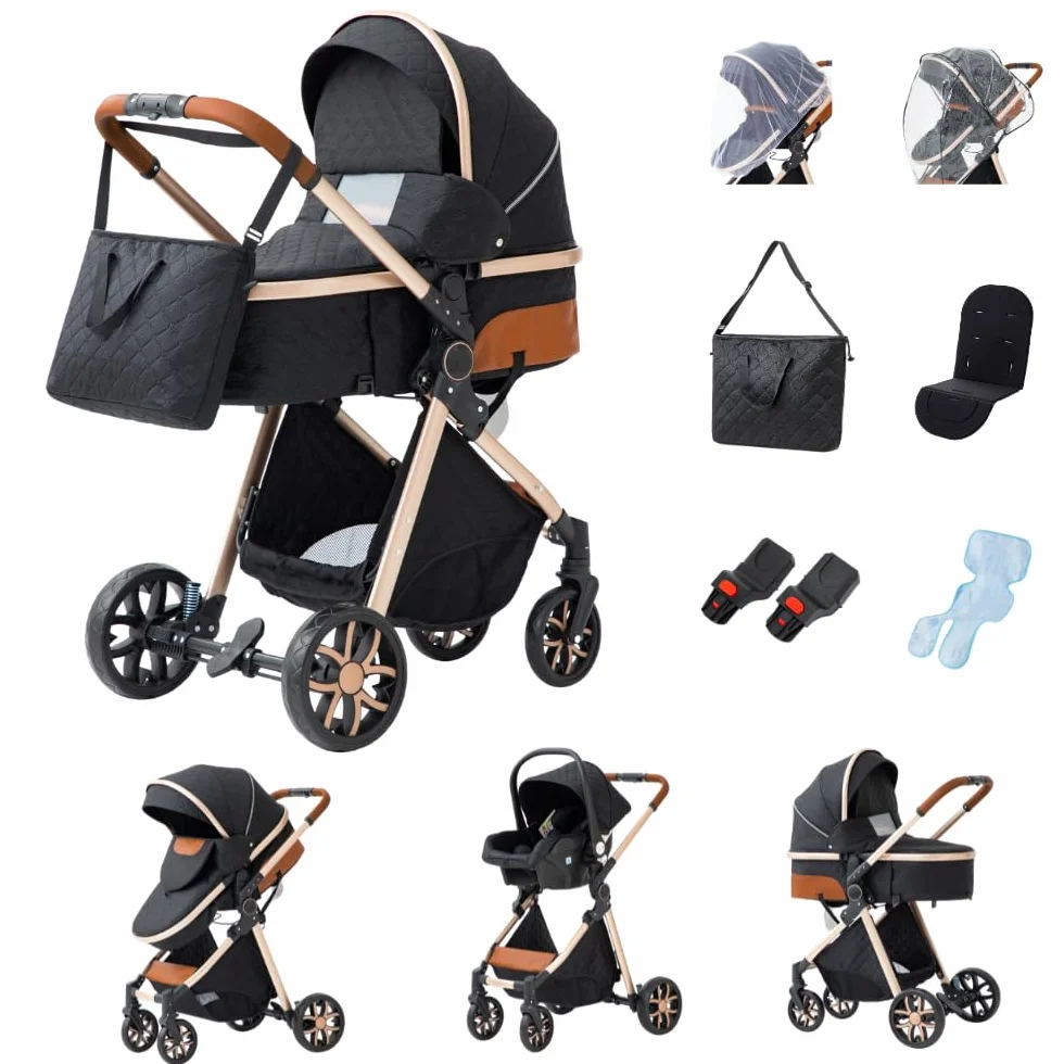 GLOKID Passeggino 3 in 1 Trio Portatile con Navicella, Adattatori Universali, 4 Ruote con Ammortizzatori, LV9 Nero