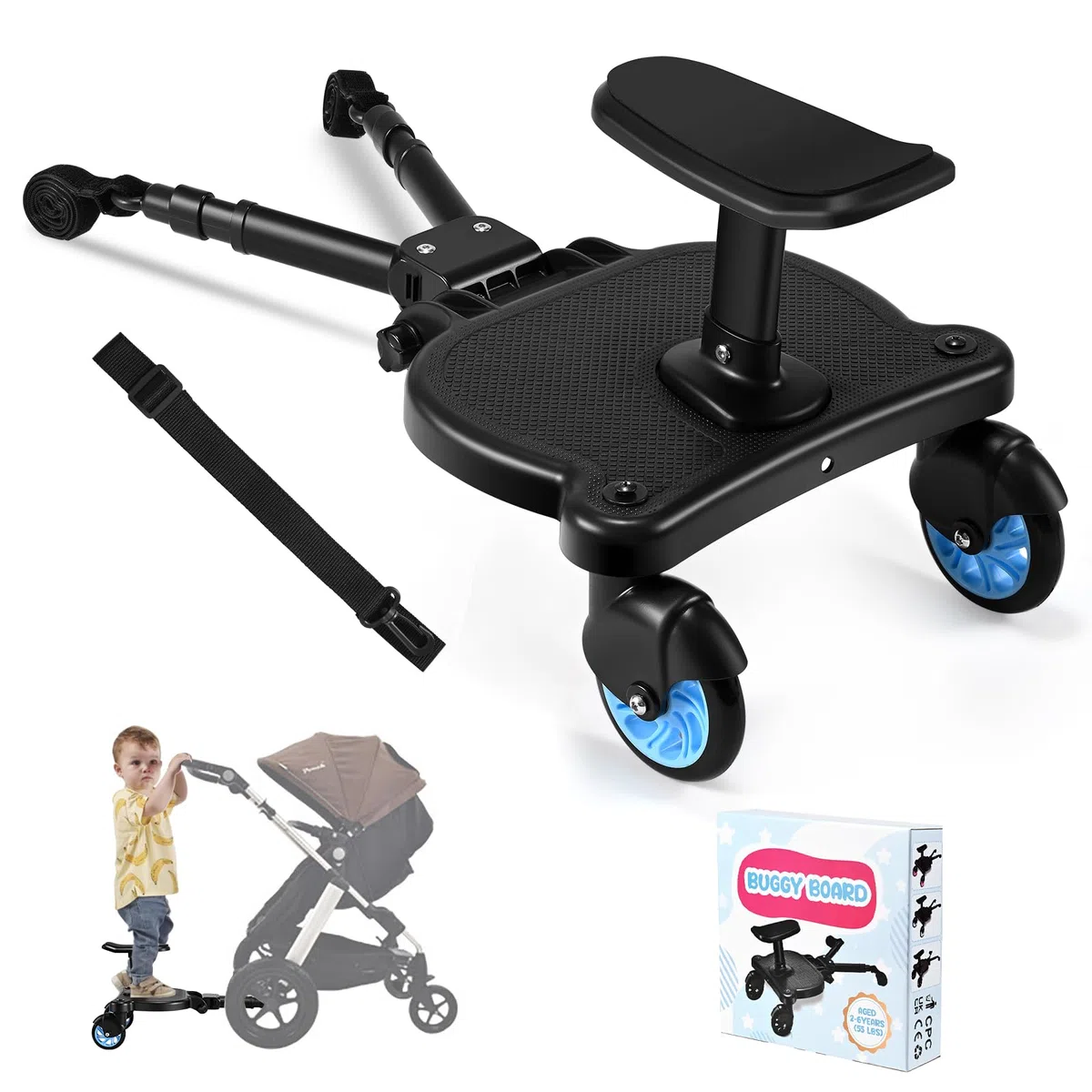 Pedana Passeggino Universale con Sedile, Tavolette Portatili per Passeggini, Design Stabile a due Ruote, con cinghia di sospensione,Accessori per Passeggini per Bambini da 2 a 6 anni,blu