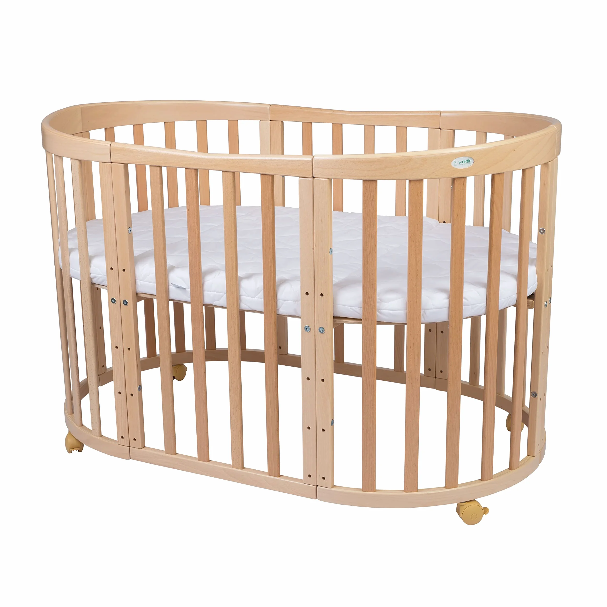 Waldin Lettino Mobile 7in1 Ovale Materasso Culla Espandibile Ventilato Base Regolabile 5 Posizioni Legno Naturale